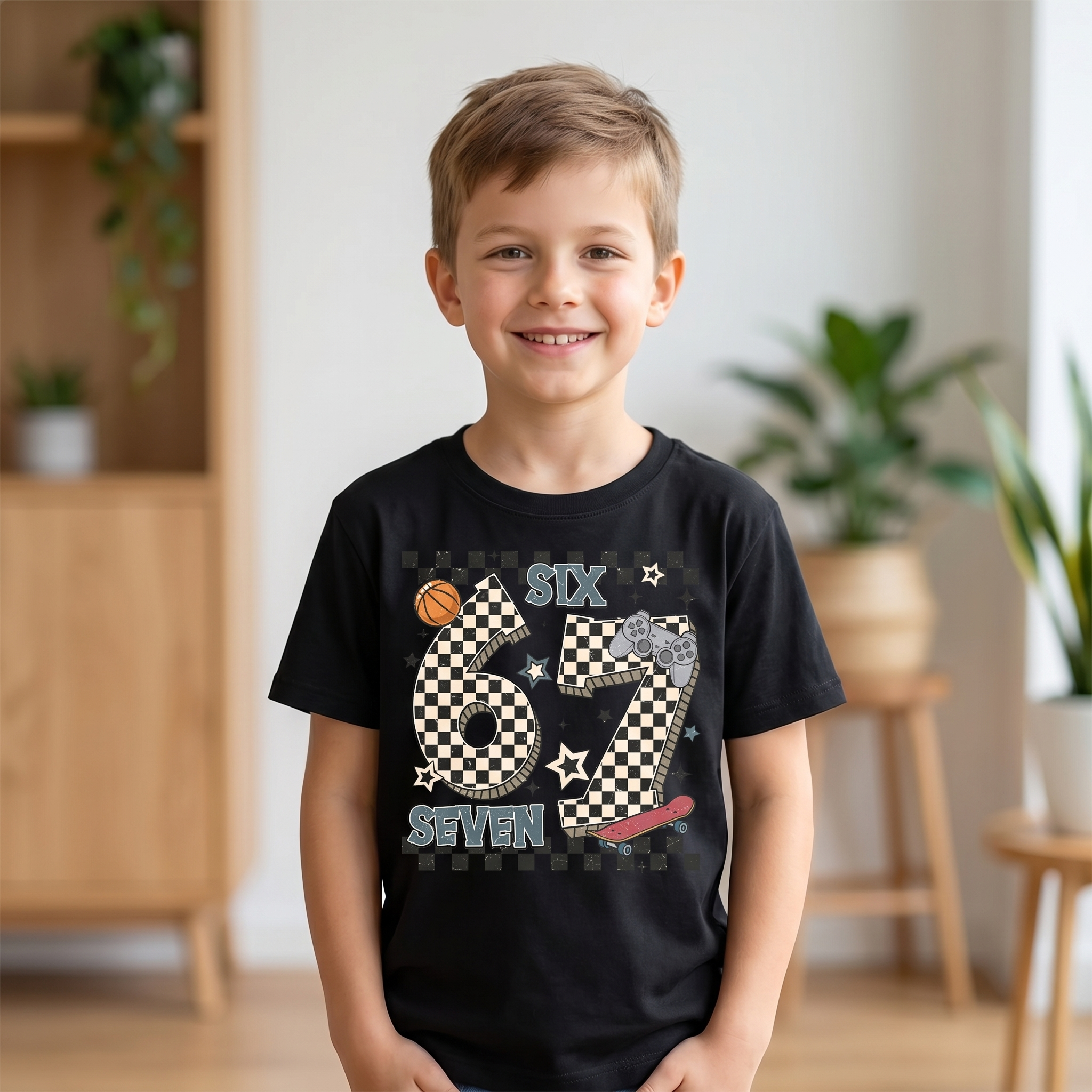 Six Seven Basketball Gamer Skater – Kinder T-Shirt mit Namen | 67 Meme personalisierbar