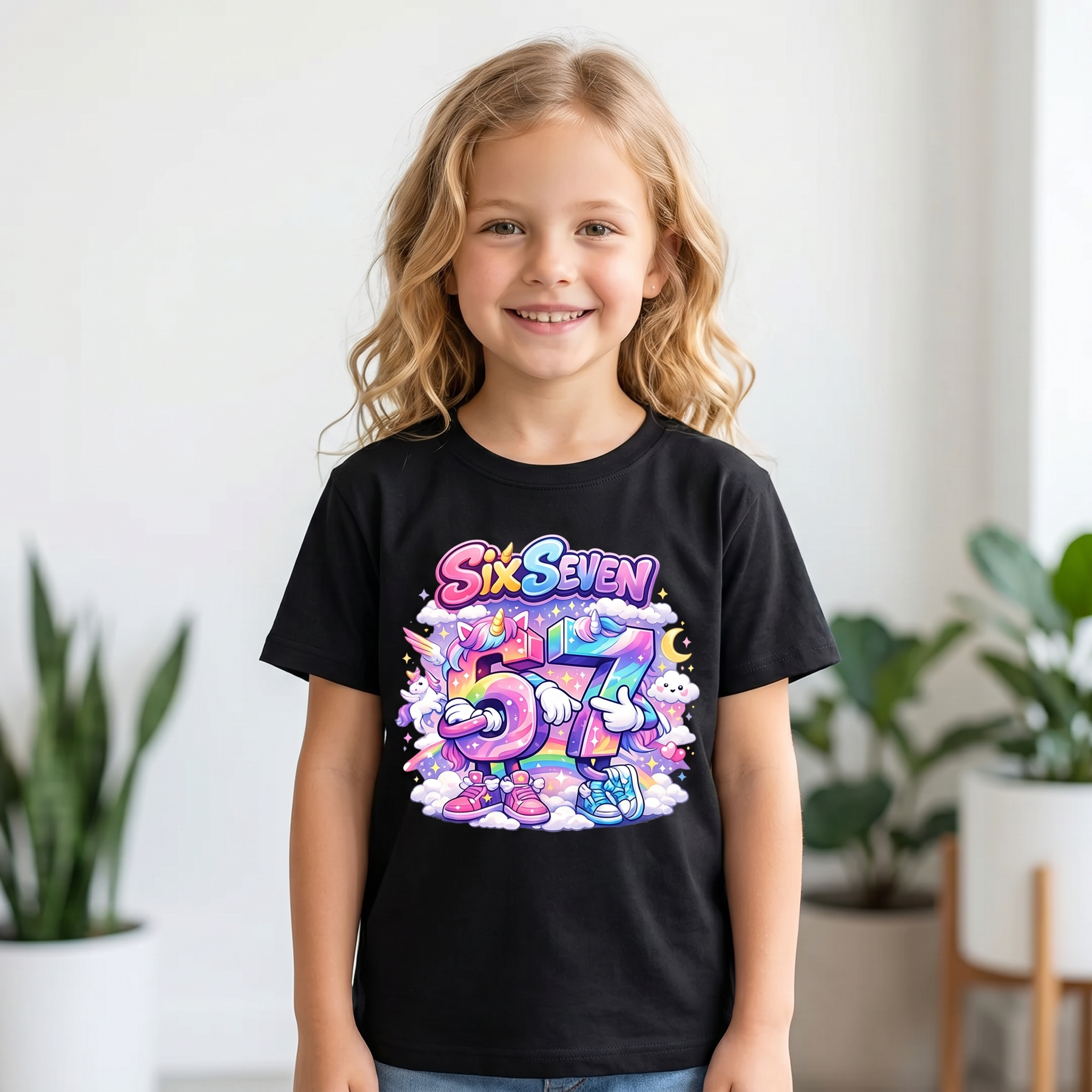 Six Seven Einhorn Regenbogen – Kinder T-Shirt mit Namen | 67 Meme personalisierbar