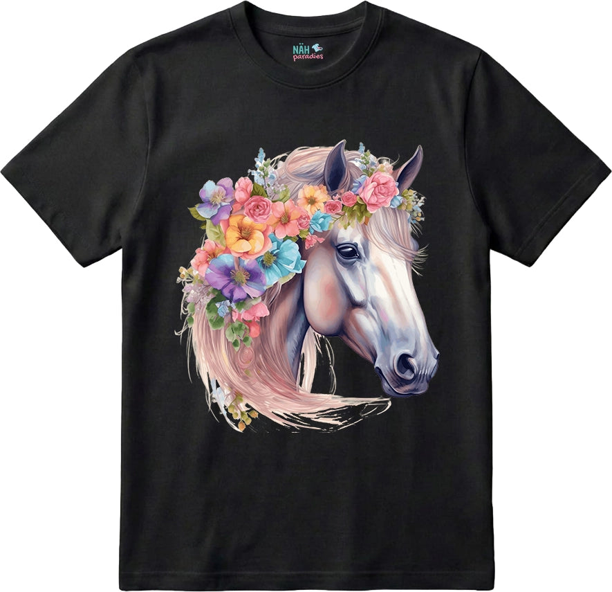 Bio T-Shirt Pferd mit Blumenkranz