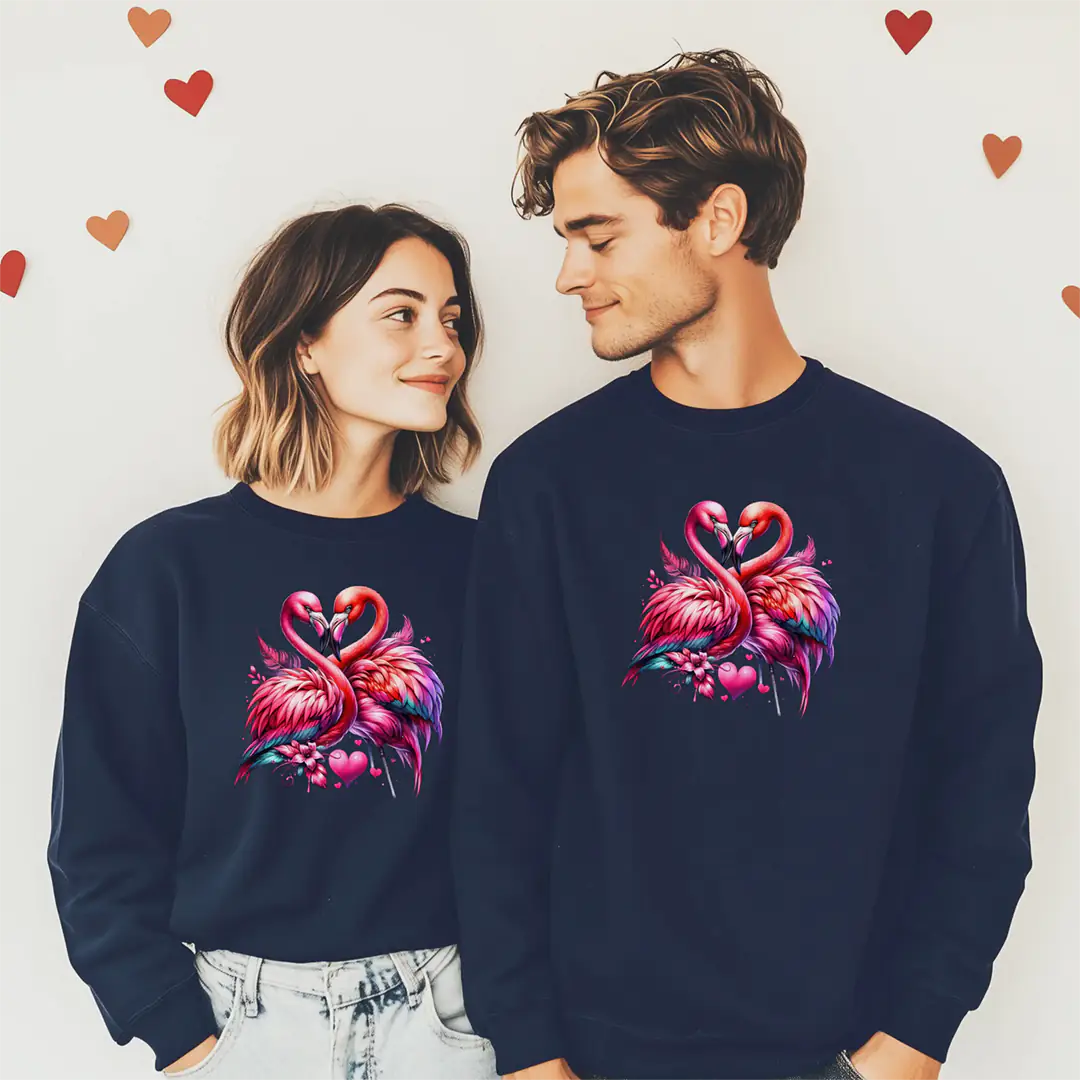 Buegelbild-Verliebte Flamingos-pullover-blau