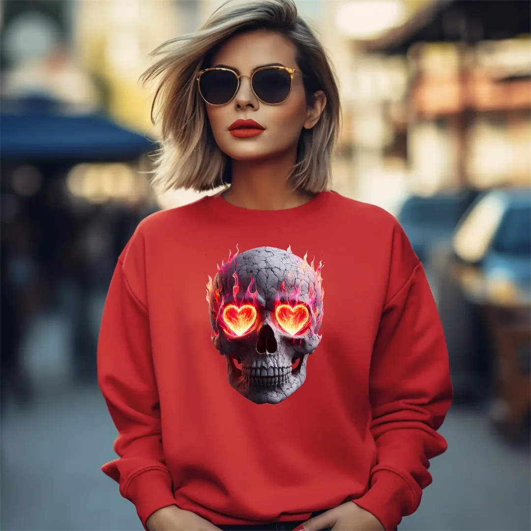 Buegelbild-feuriger Schädel der Liebe-pullover-rot