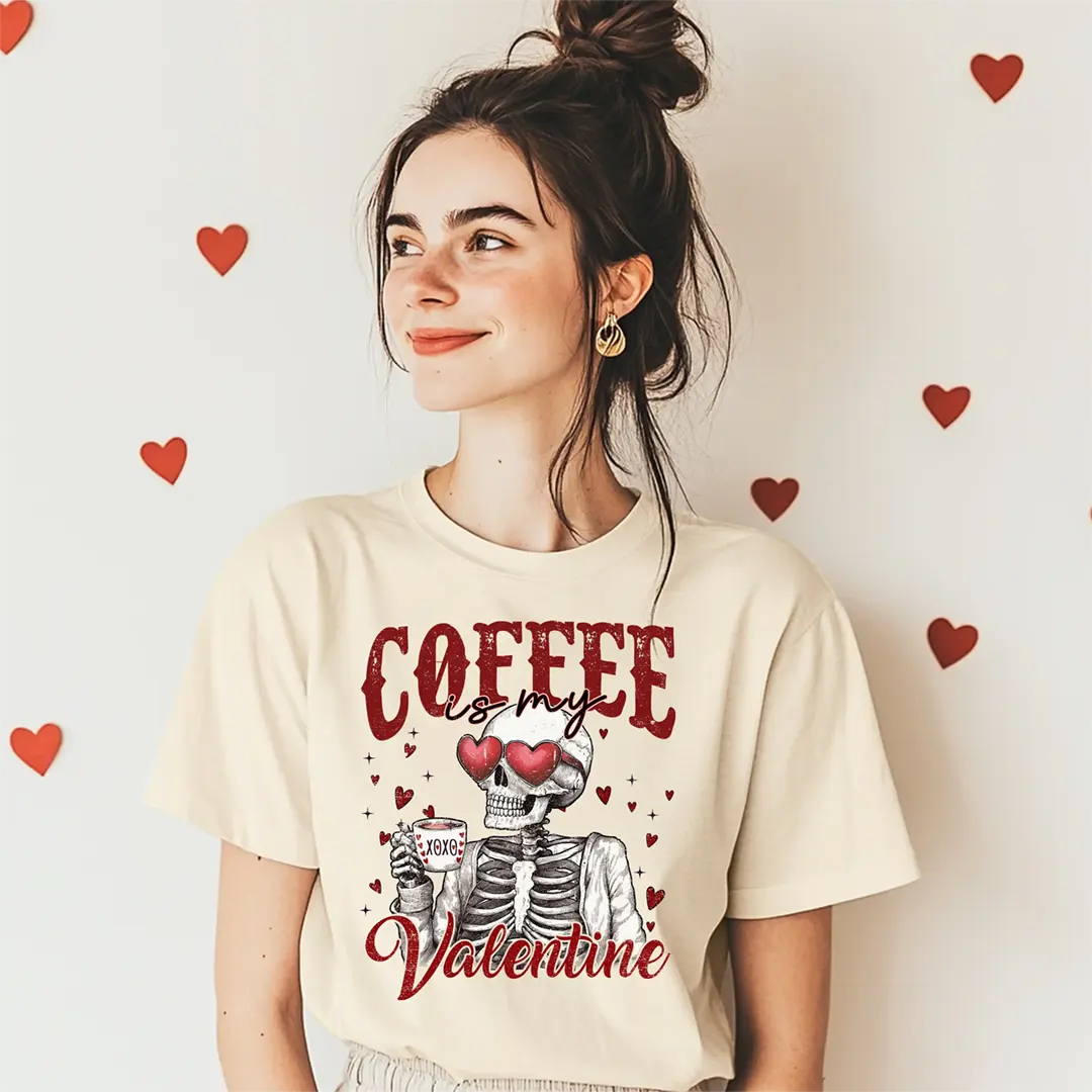 Bügelbild Coffee is my Valentine – Hochwertiger DTF Textildruck für Kleidung, DIY Aufbügler für T-Shirts & mehr