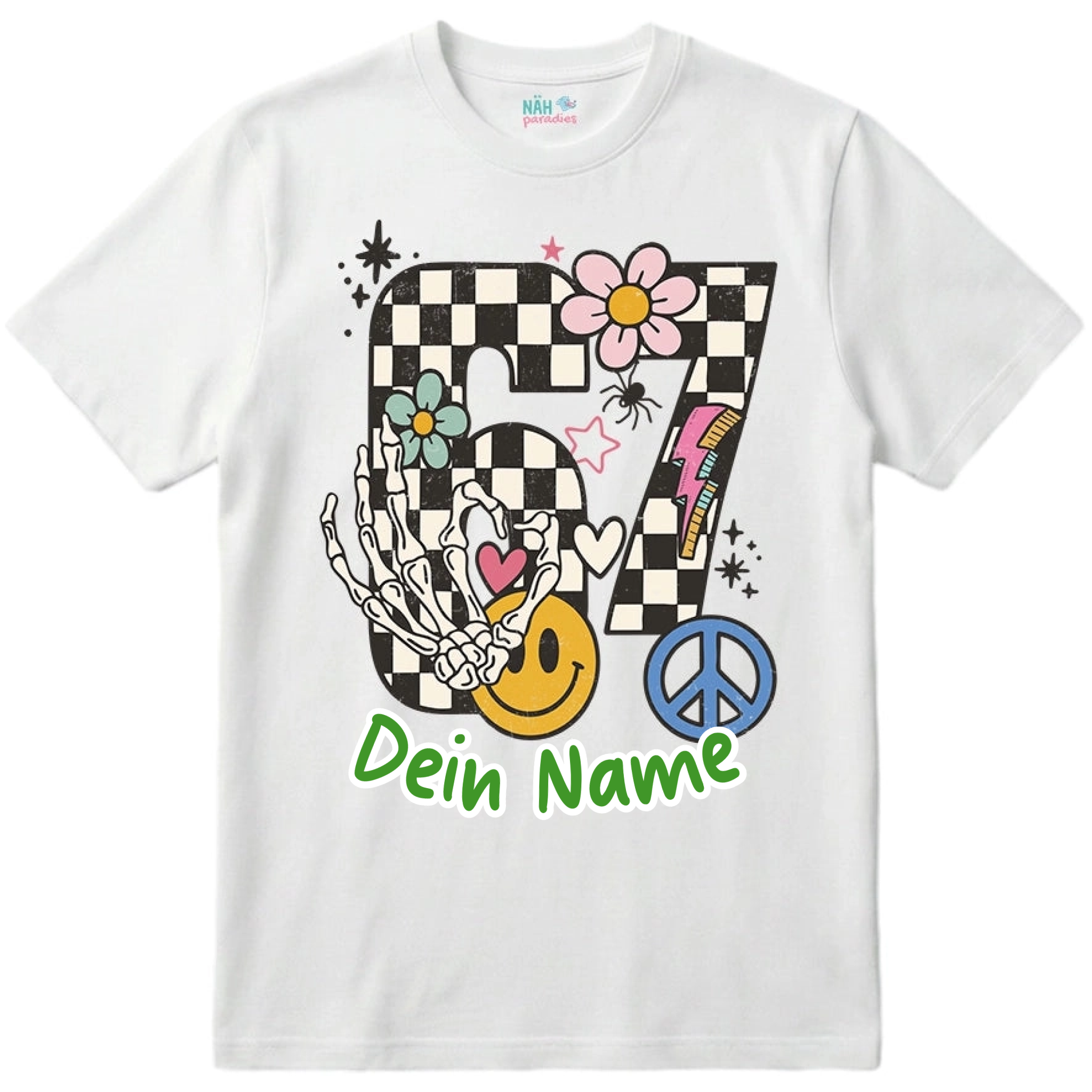 Six Seven Peace Flower Checker – Kinder T-Shirt mit Namen | 67 Meme personalisierbar
