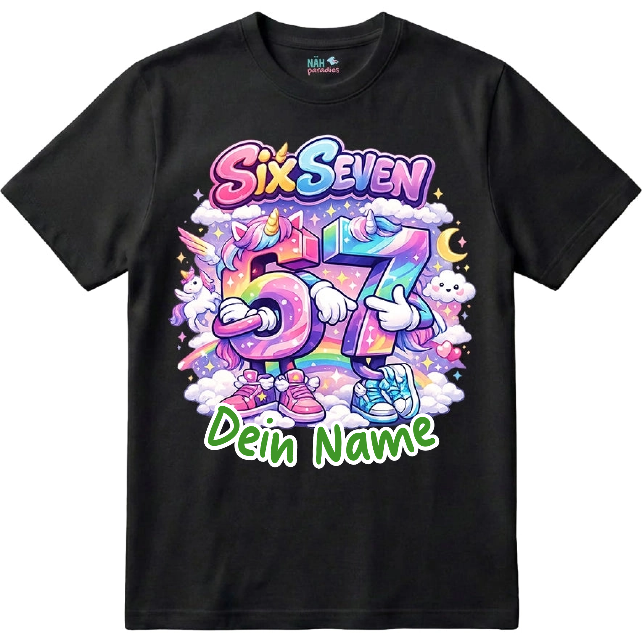 Six Seven Einhorn Regenbogen – Kinder T-Shirt mit Namen | 67 Meme personalisierbar