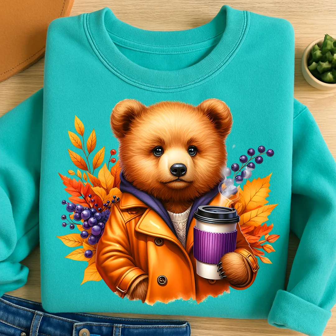 Bügelbild Bär Herbstspaziergang mit Kaffee