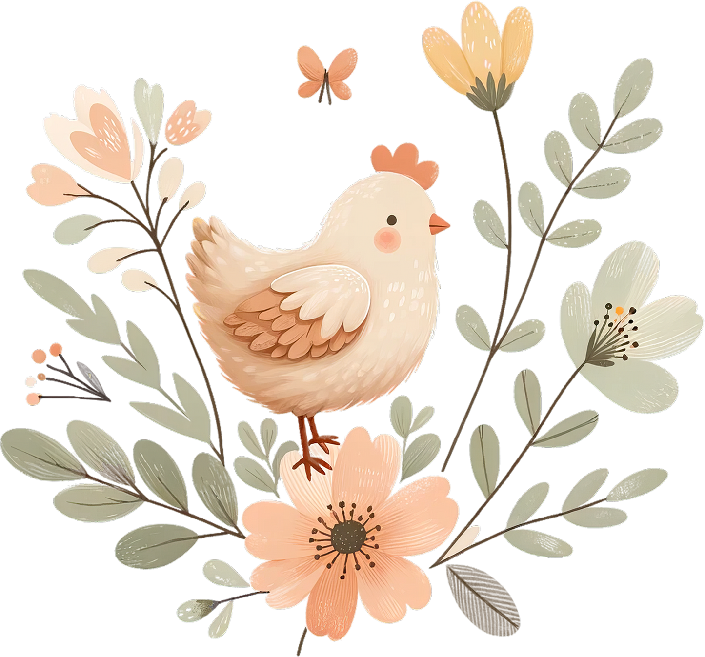 Bügelbild Blüten Huhn
