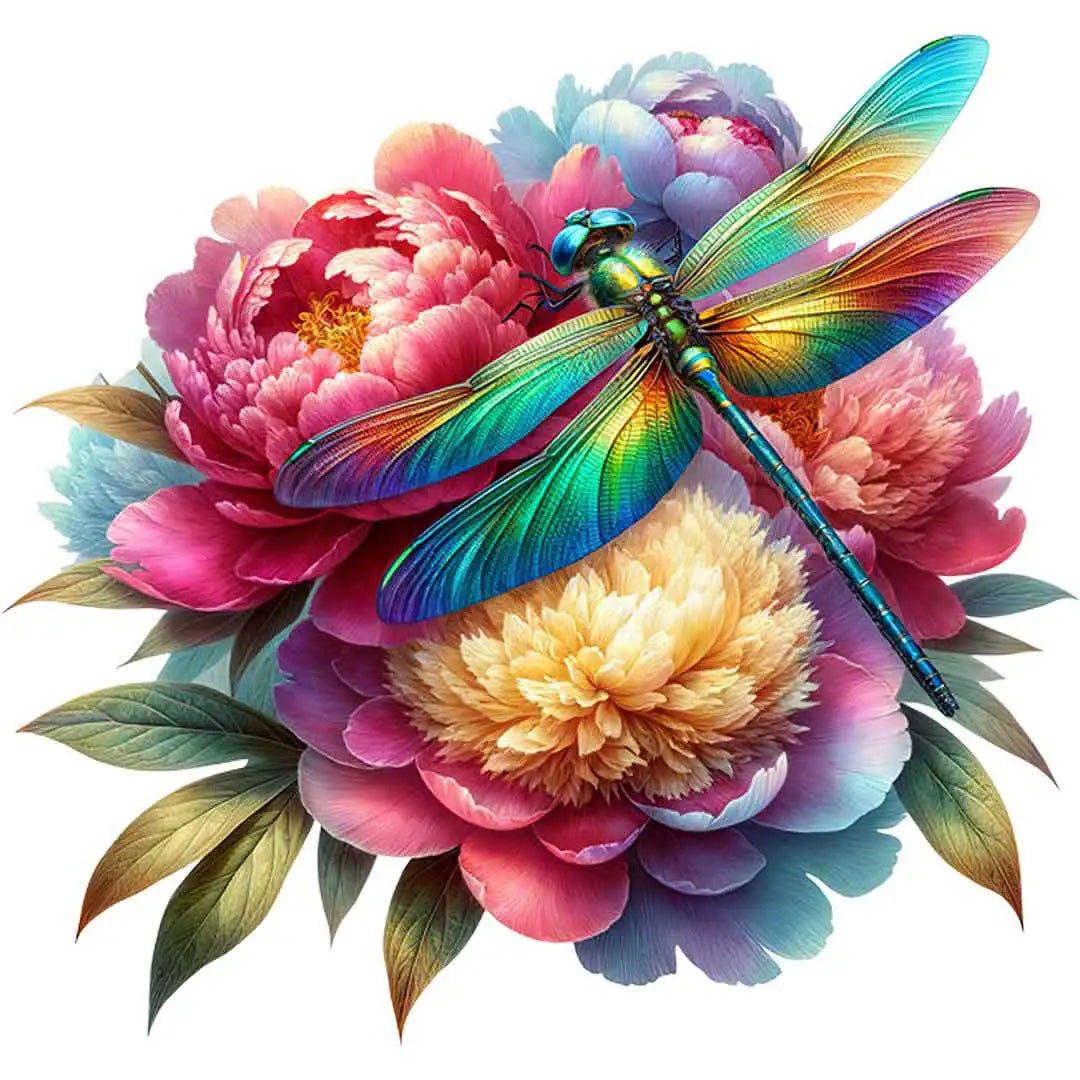 Bügelbild Bunte Libelle auf Pfingstrosen - S