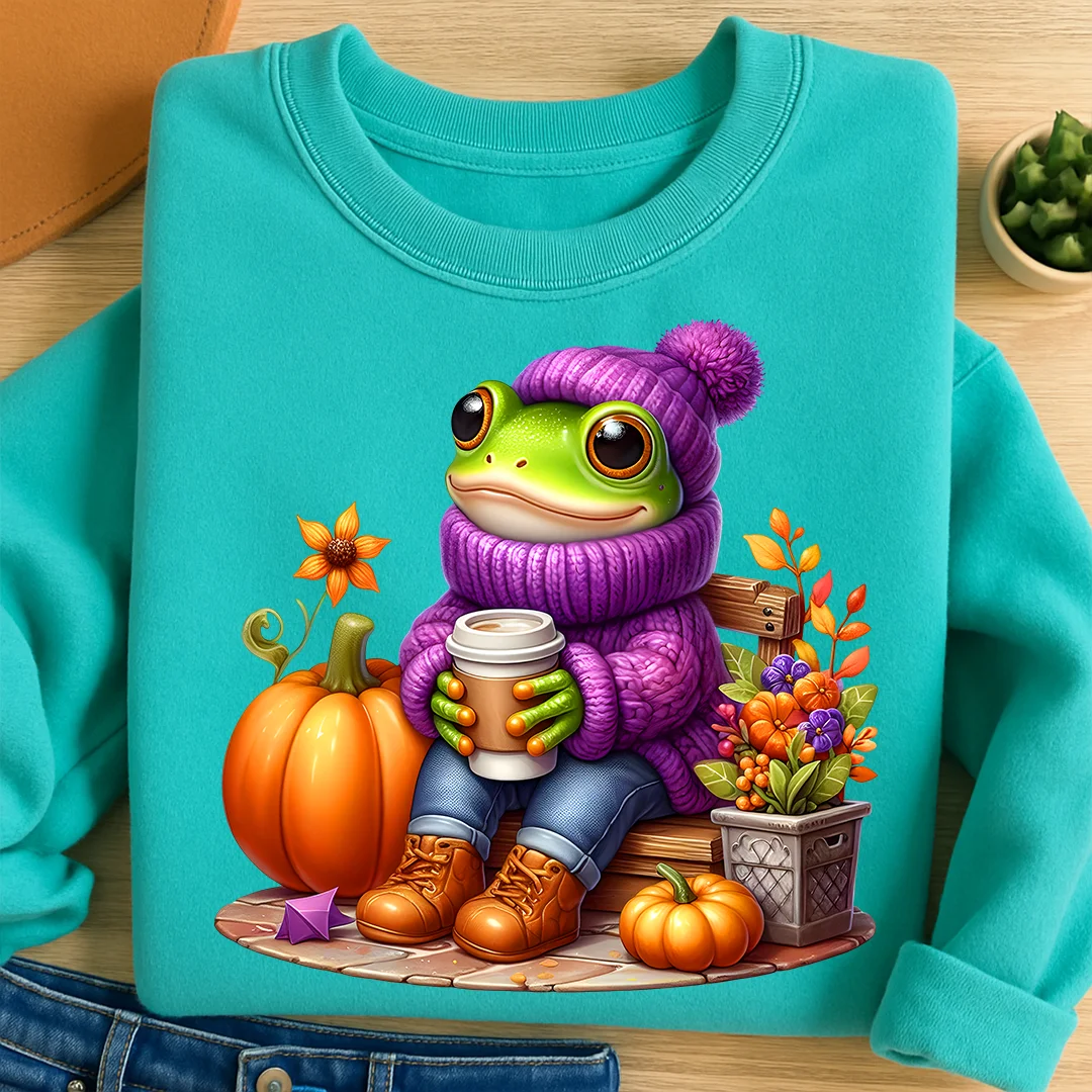 Bügelbild Frosch herbstlicher Kaffeegenuss
