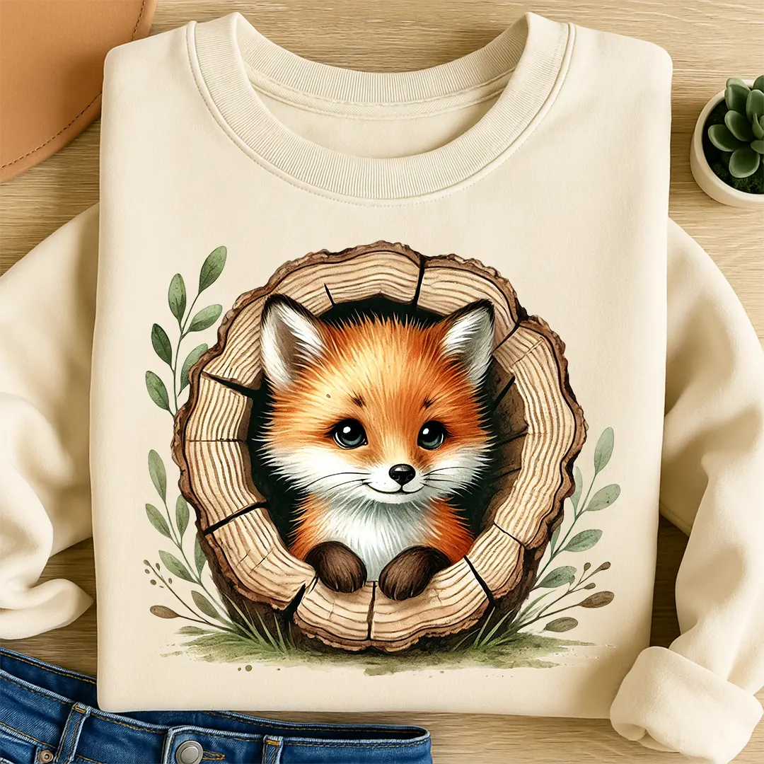 Bügelbild Fuchs im Holzversteck