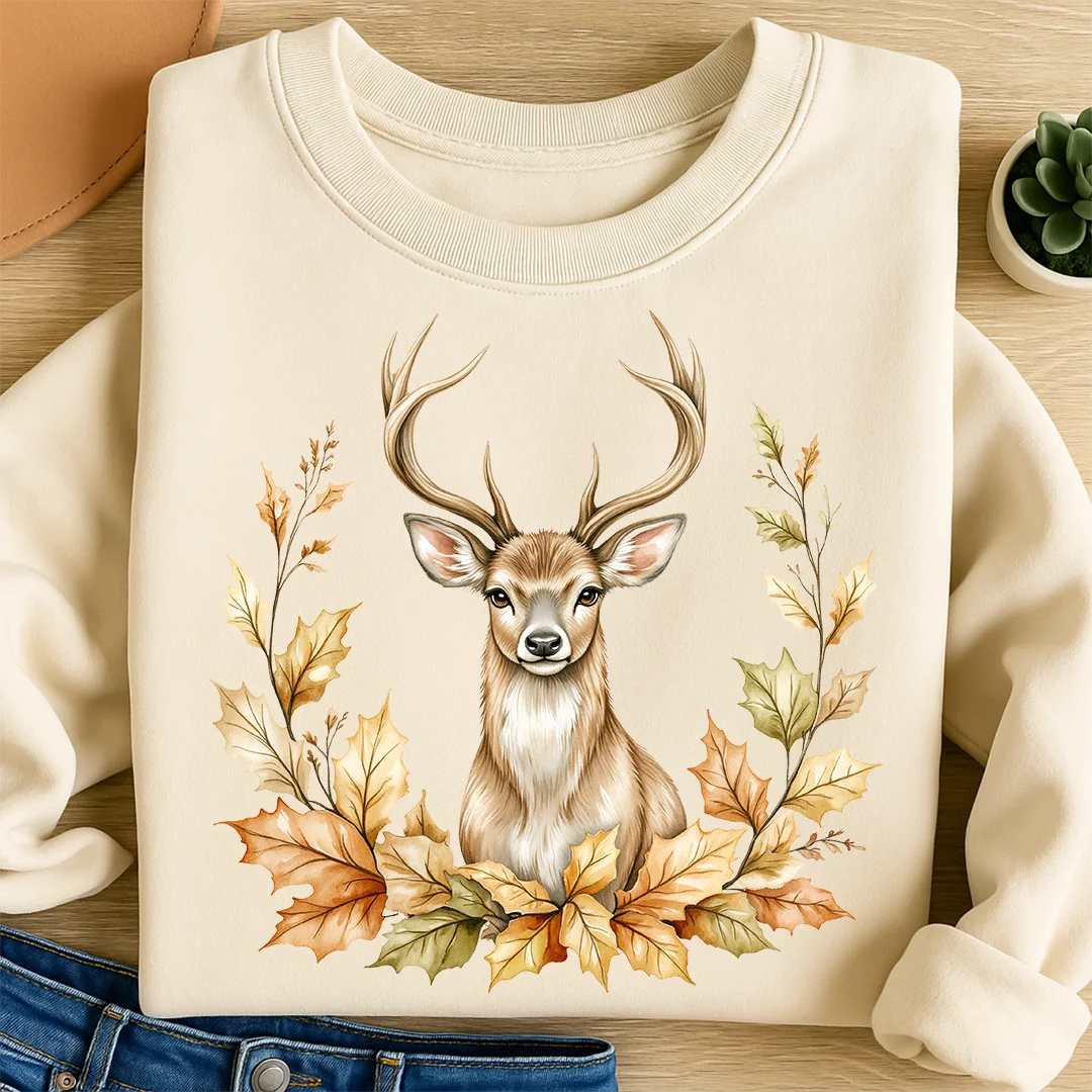 Bügelbild Hirsch Laubkranz Aquarell
