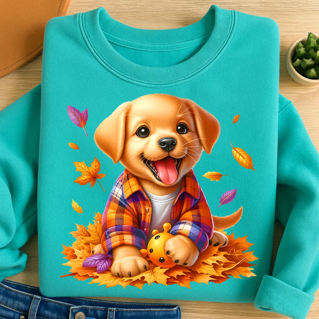 Bügelbild Hundewelpe im Herbstlaub