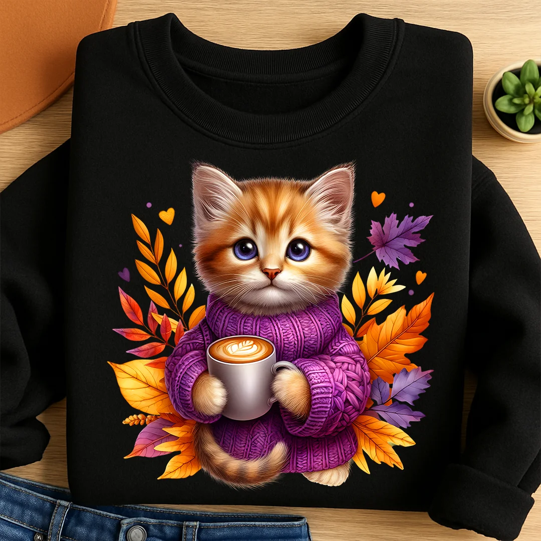 Bügelbild Katze Miki hebstliche Kaffeeliebe