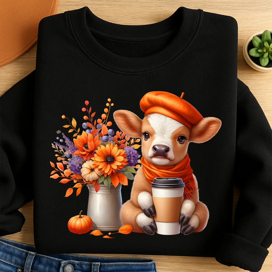 Bügelbild Kuh Kaffeepause im Herbst