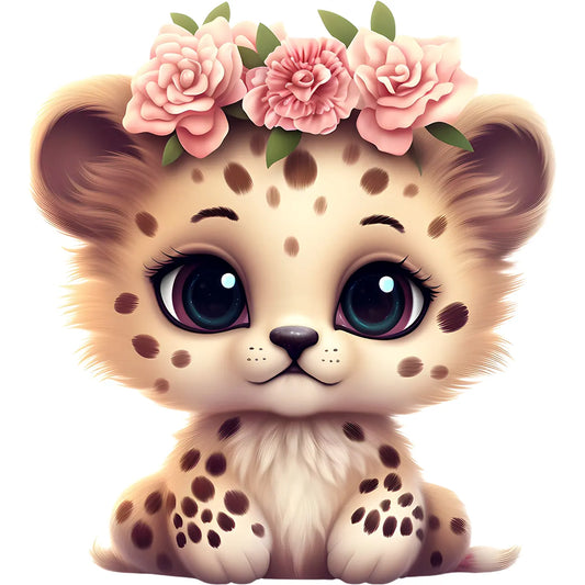 Buegelbild-Leopard-Baby-Blumen