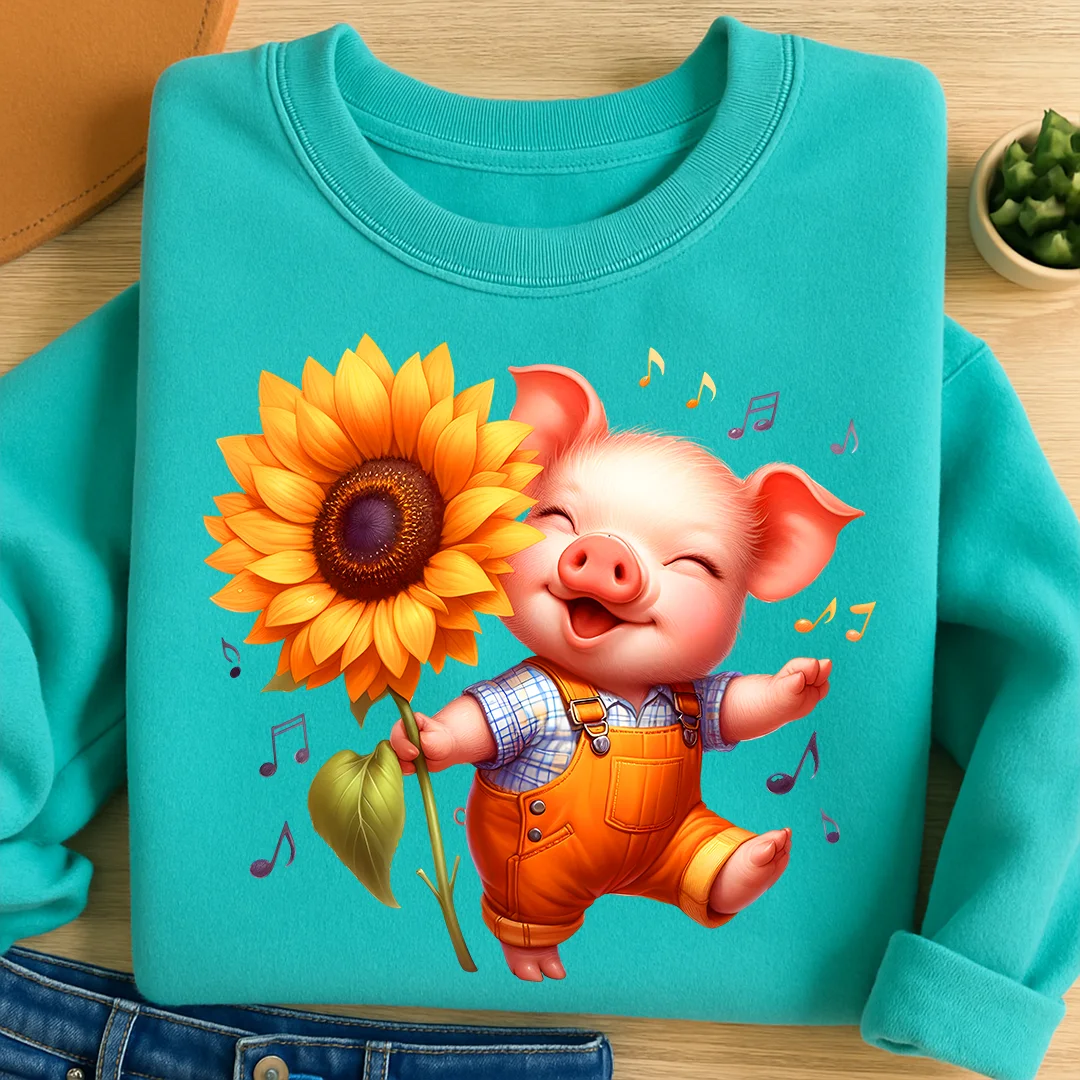 Bügelbild Schwein Sonnenblumen Tanz