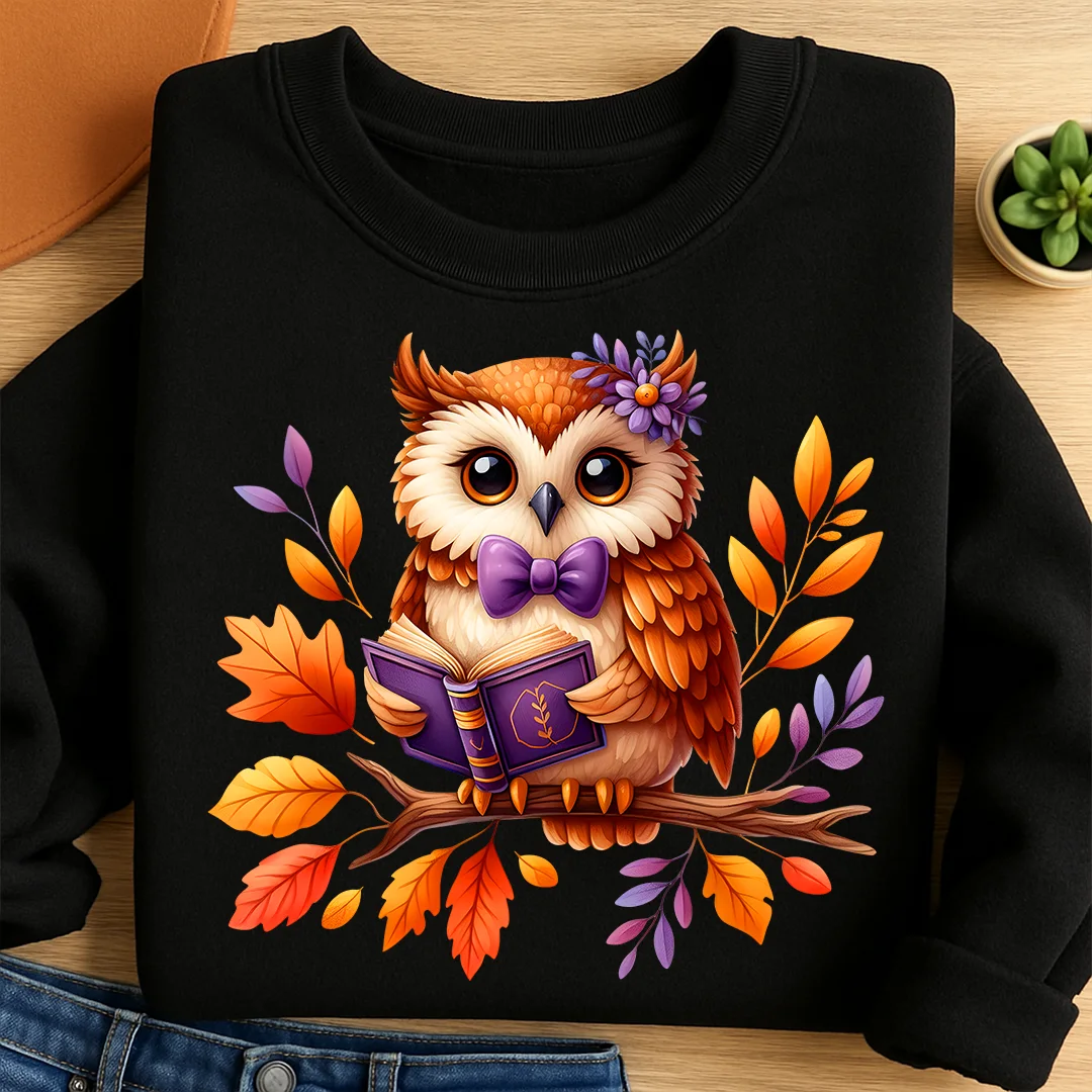 Bügelbild Eule Lesen mit Herbstblättern