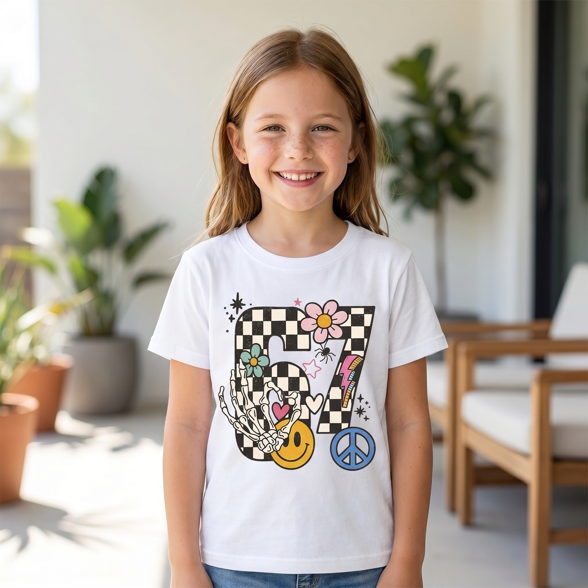 Six Seven Peace Flower Checker – Kinder T-Shirt mit Namen | 67 Meme personalisierbar