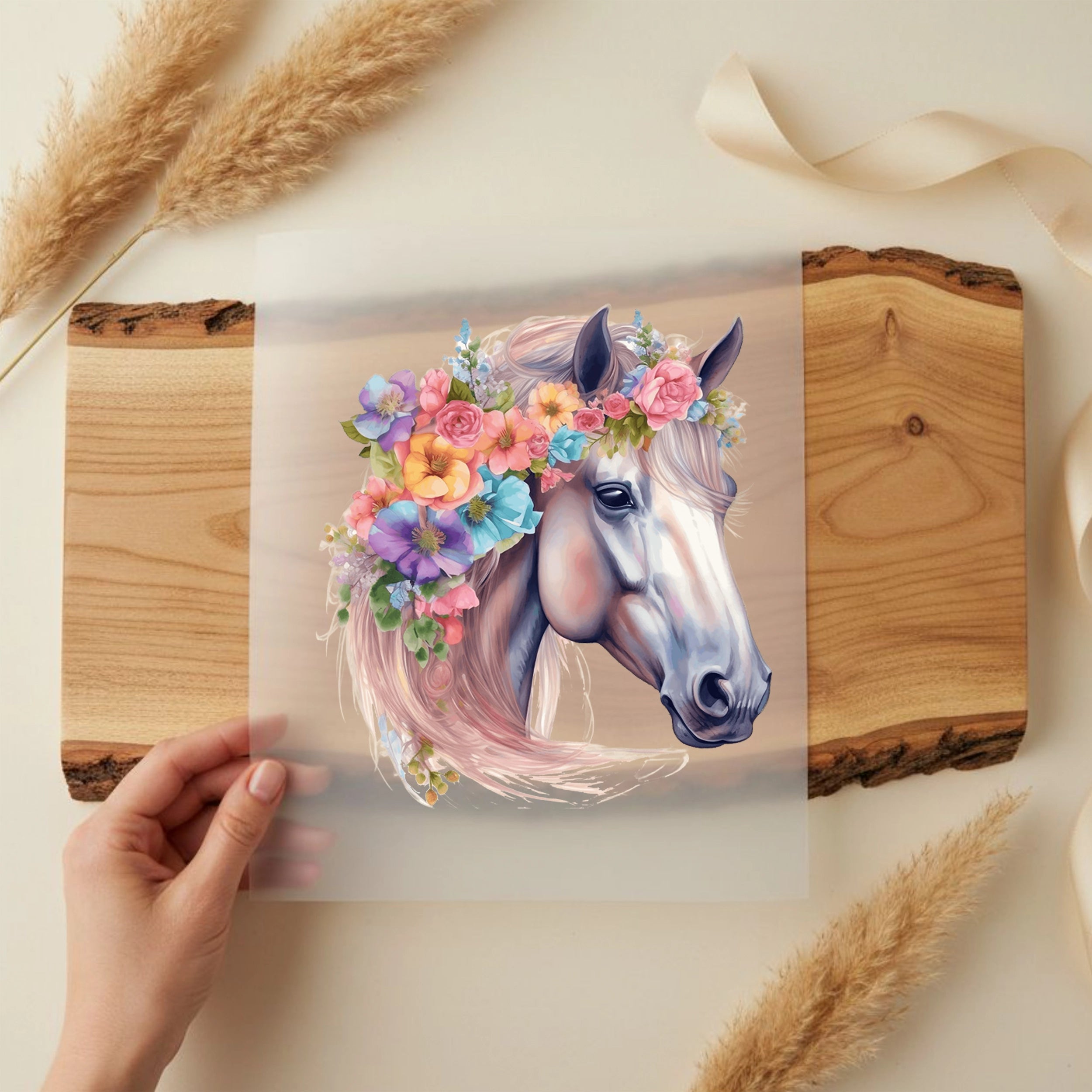 Bügelbild Pferd mit Blumenkranz