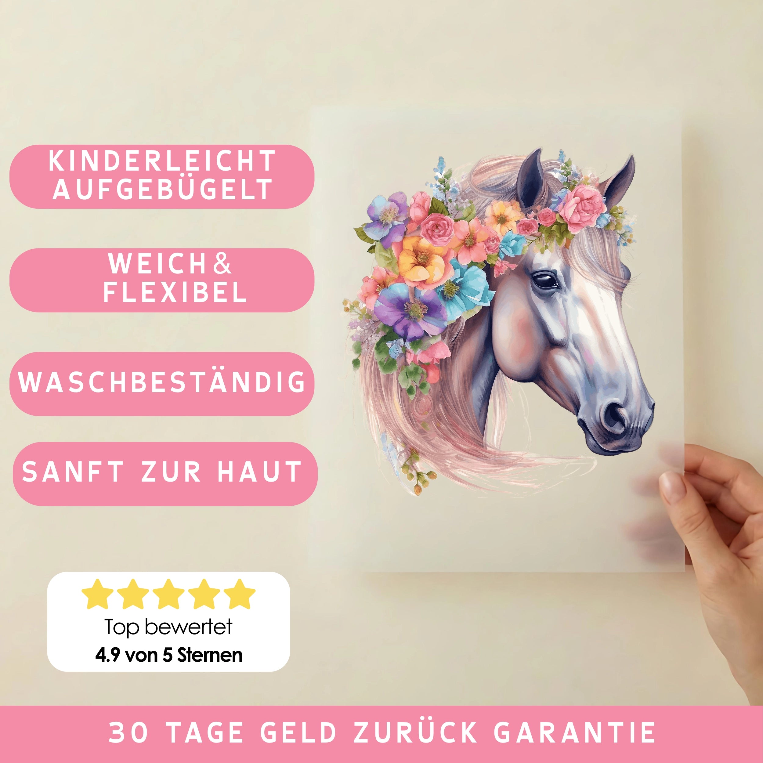 Bügelbild Pferd mit Blumenkranz