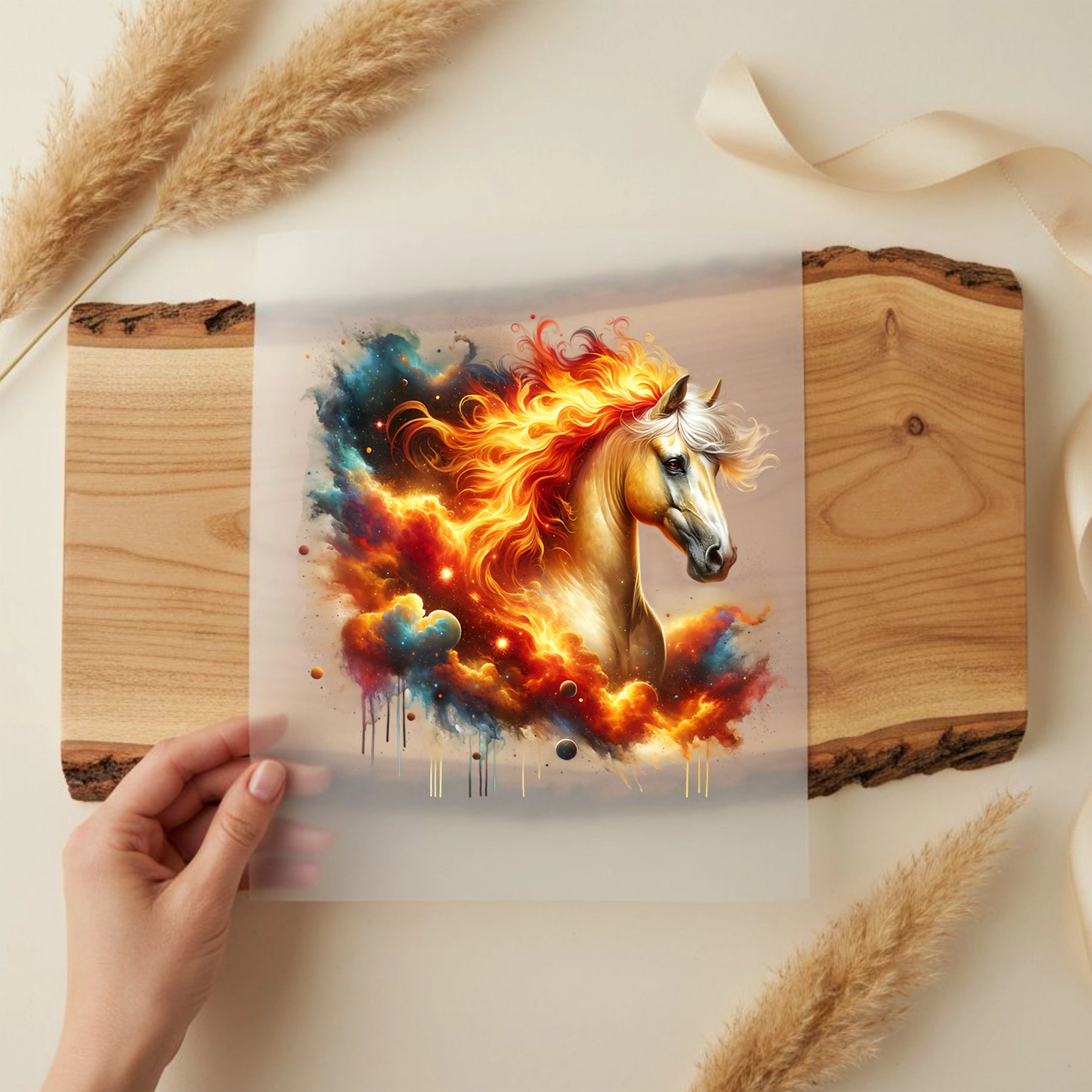 Bügelbild Galaxie Pferd Feuer