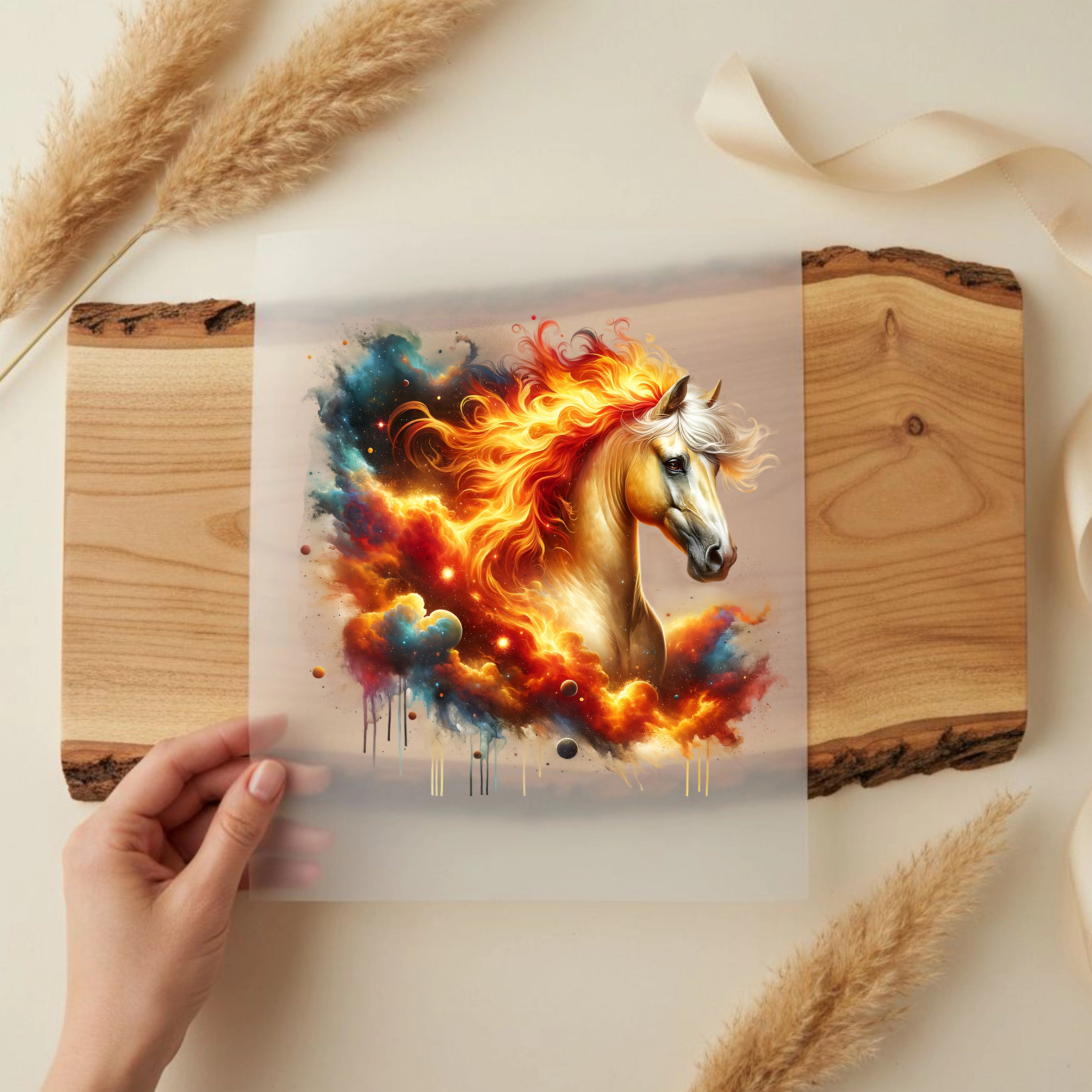 Bügelbild Galaxie Pferd Feuer