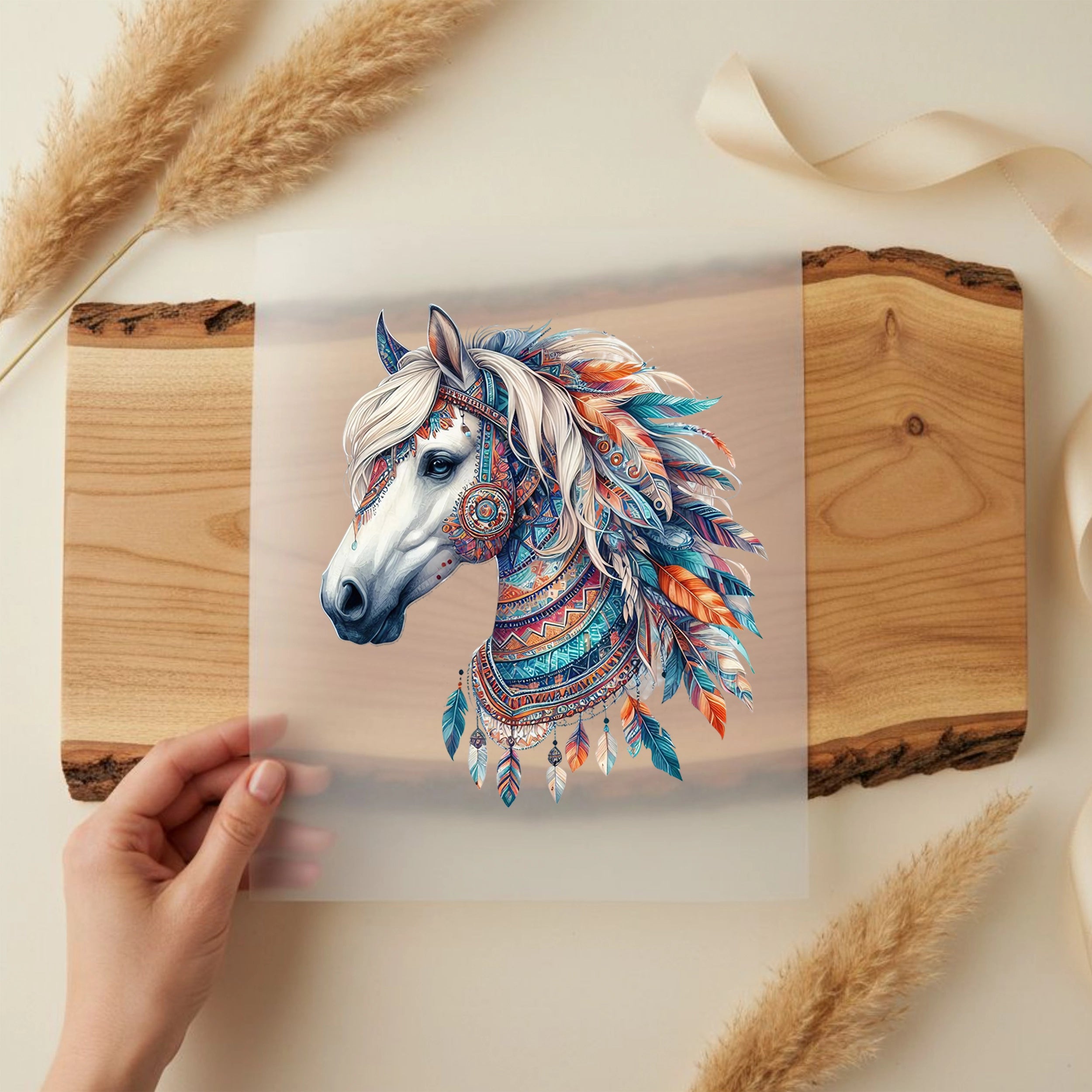 Bügelbild Boho Pferd Weiß