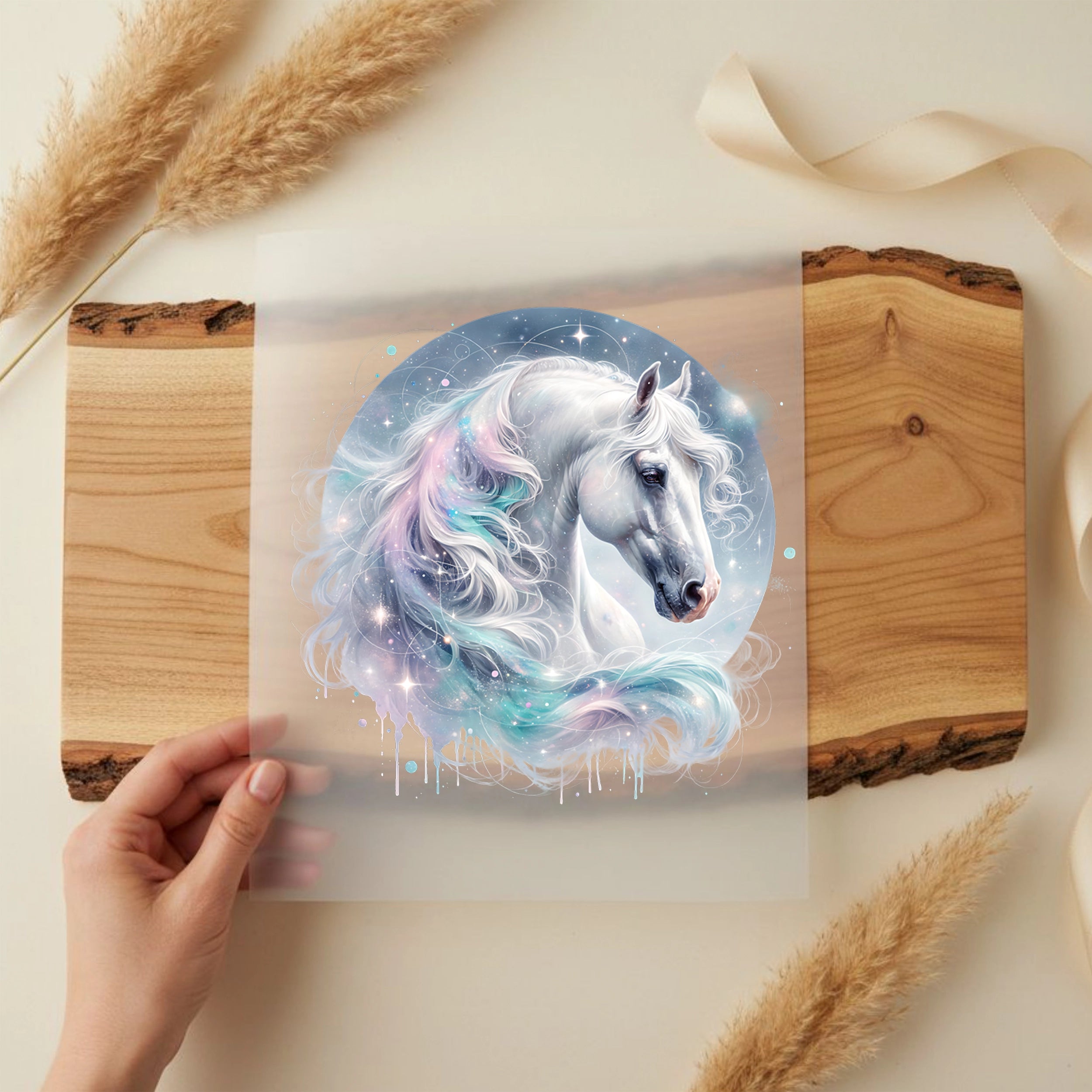 Bügelbild Galaxie Pferd Weiß