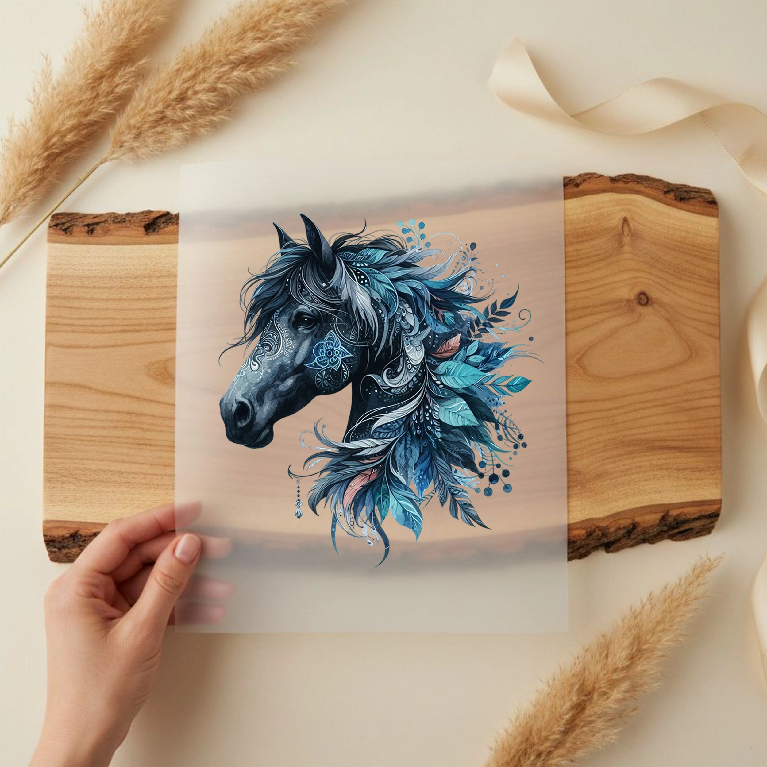 Bügelbild Boho Pferd Blau