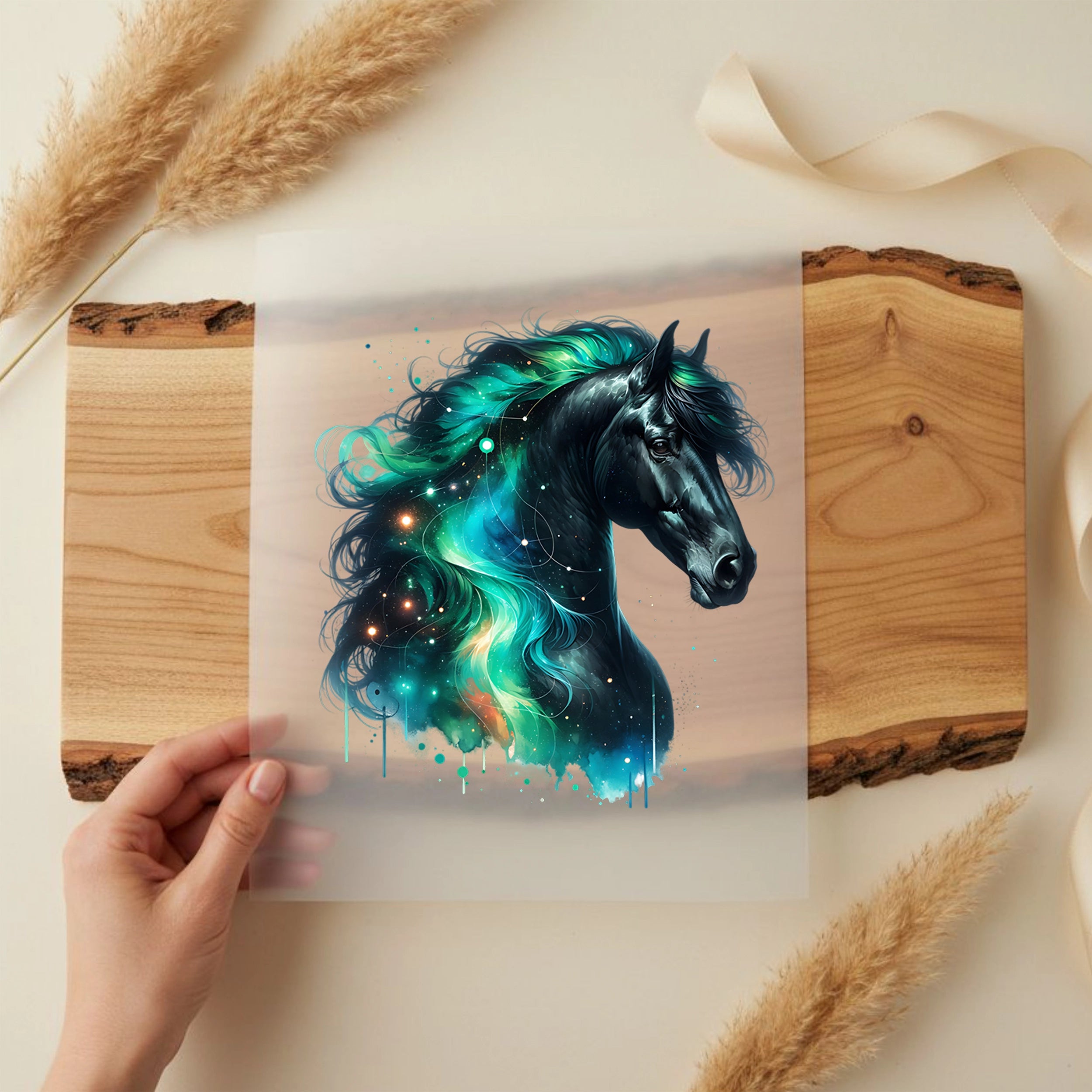 Bügelbild Galaxie Pferd Grün