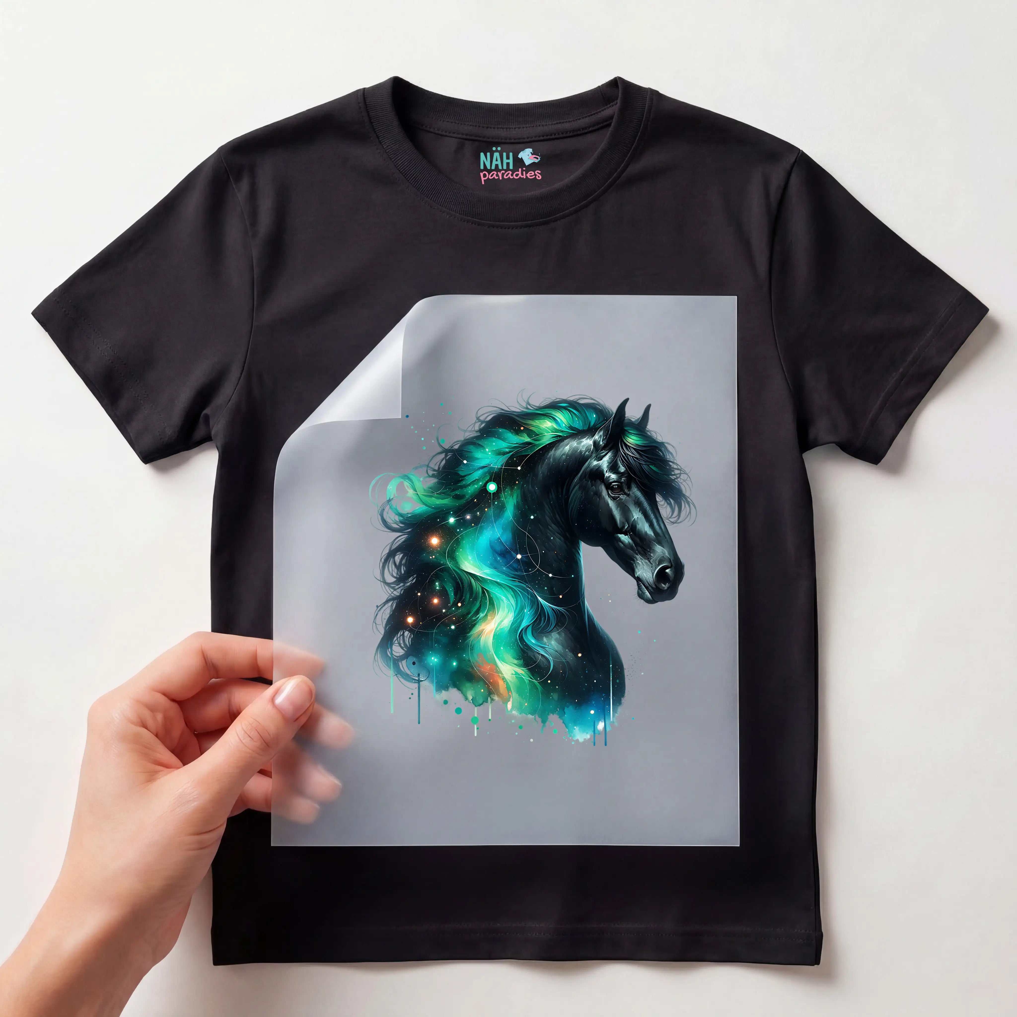 Bügelbild Galaxie Pferd Grün