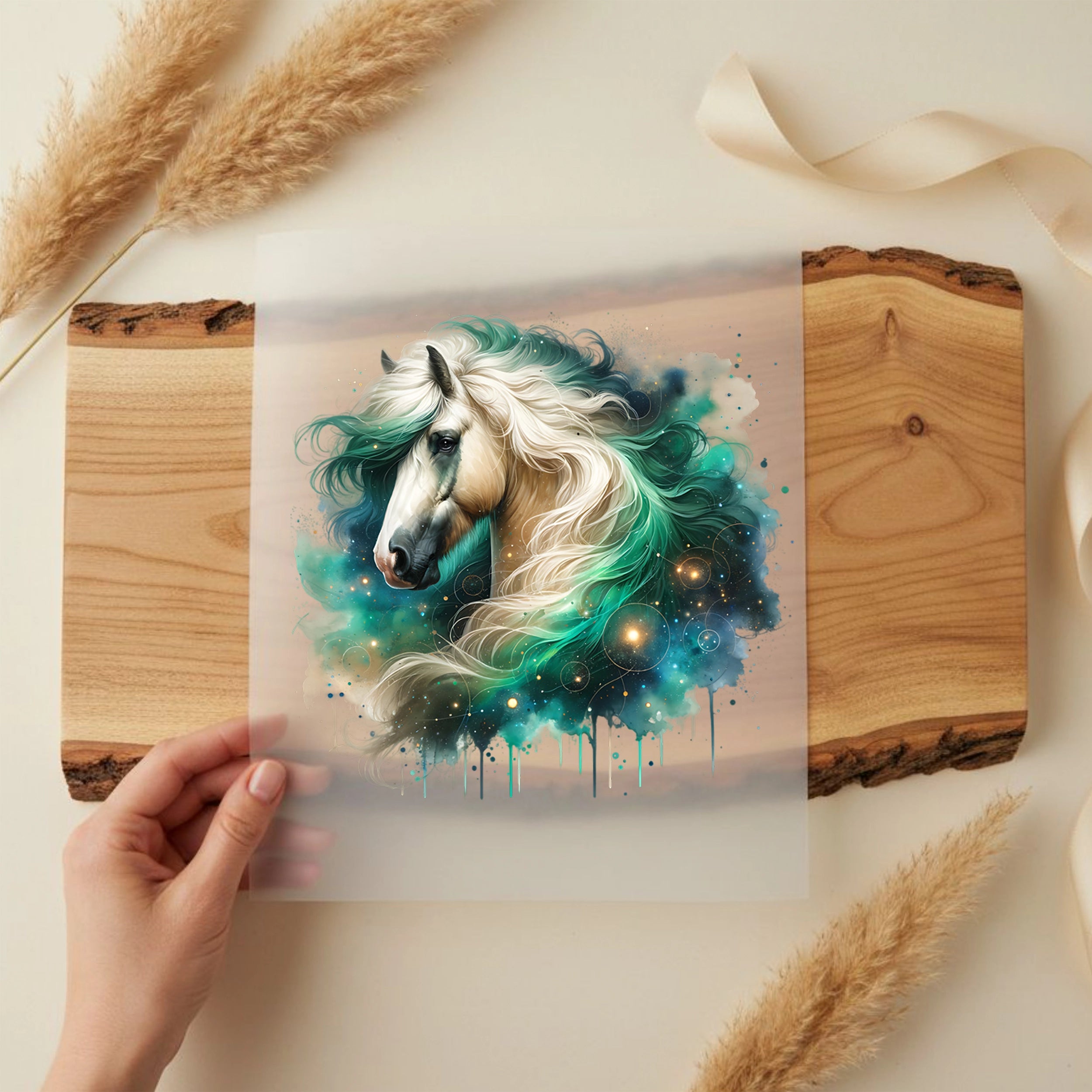 Bügelbild Galaxie Pferd Weiß Grün