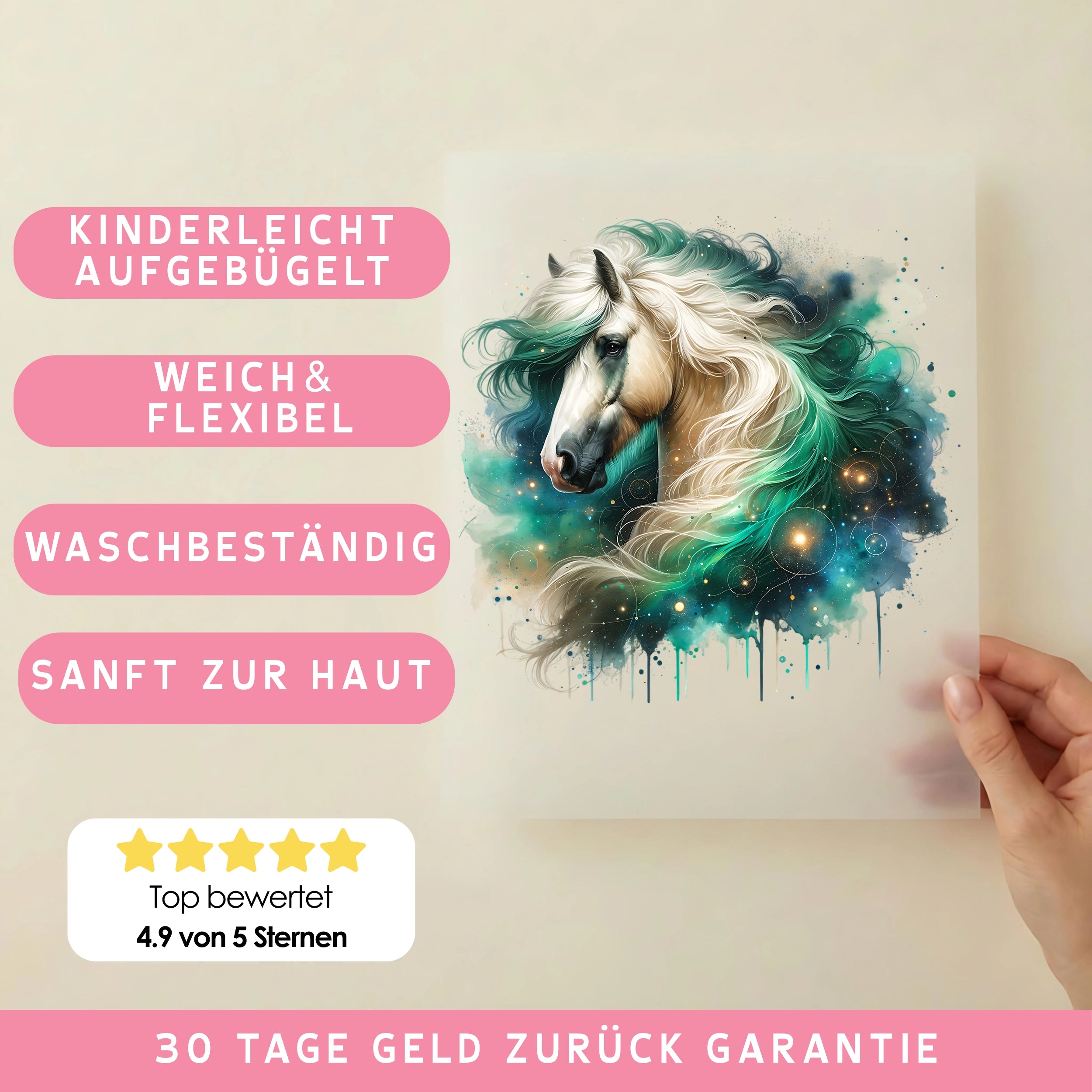 Bügelbild Galaxie Pferd Weiß Grün