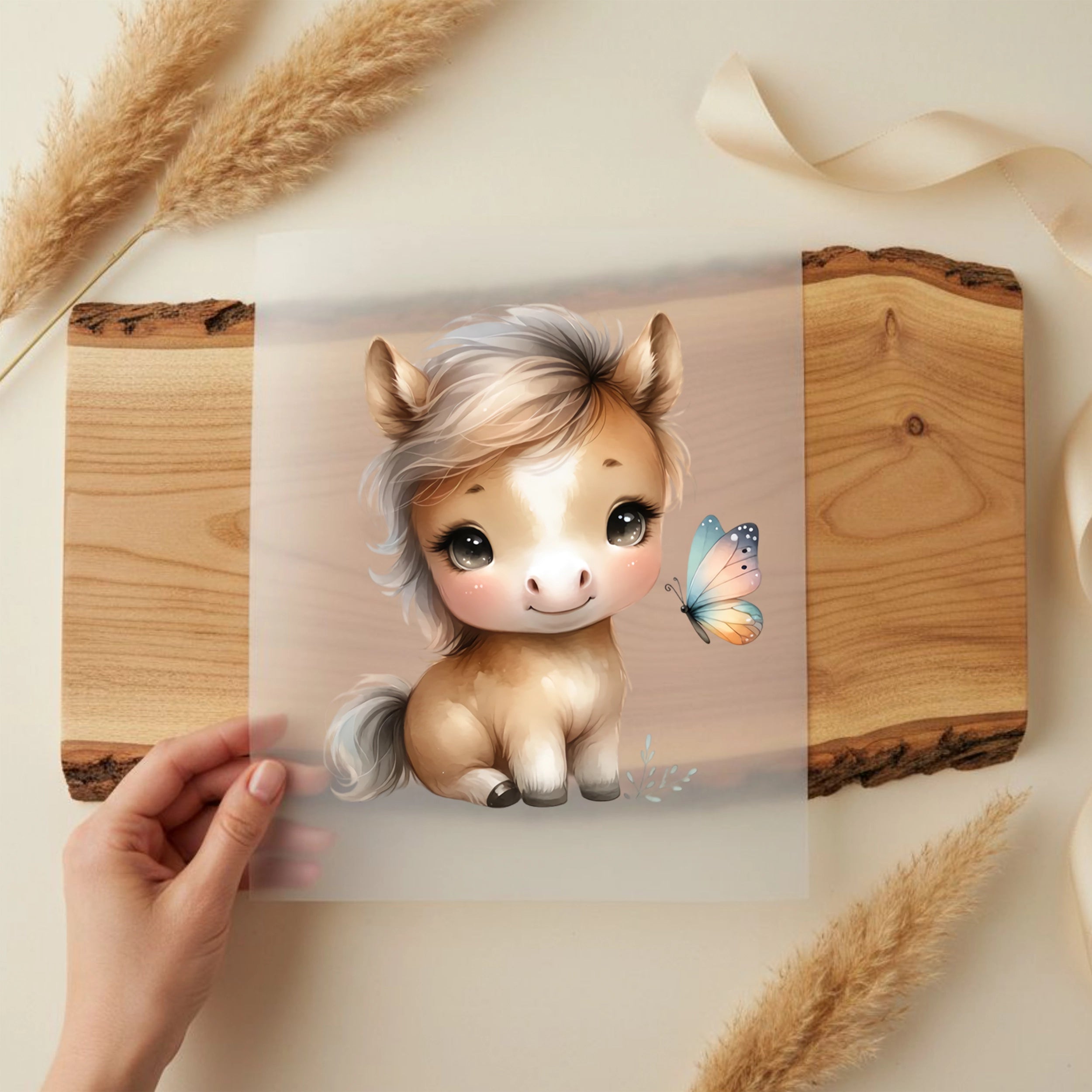 Bügelbild Niedliches Pony mit Flatterfreund