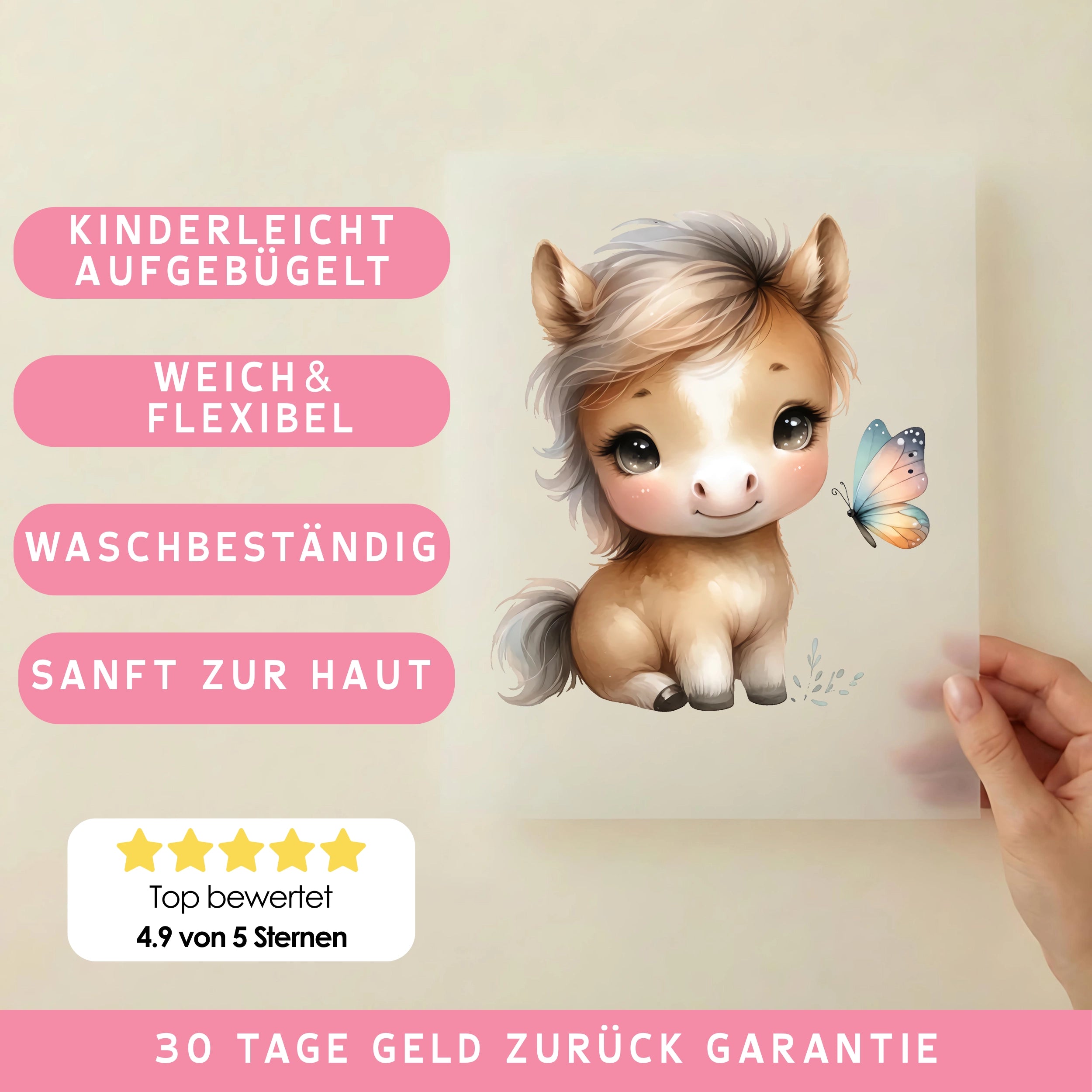 Bügelbild Niedliches Pony mit Flatterfreund