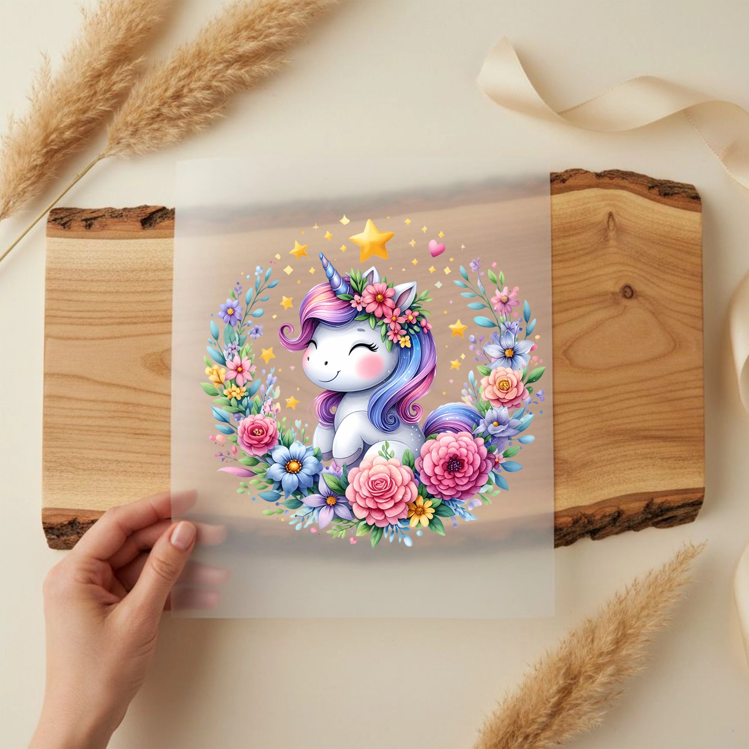 Bügelbild Einhorn Blumenkranz