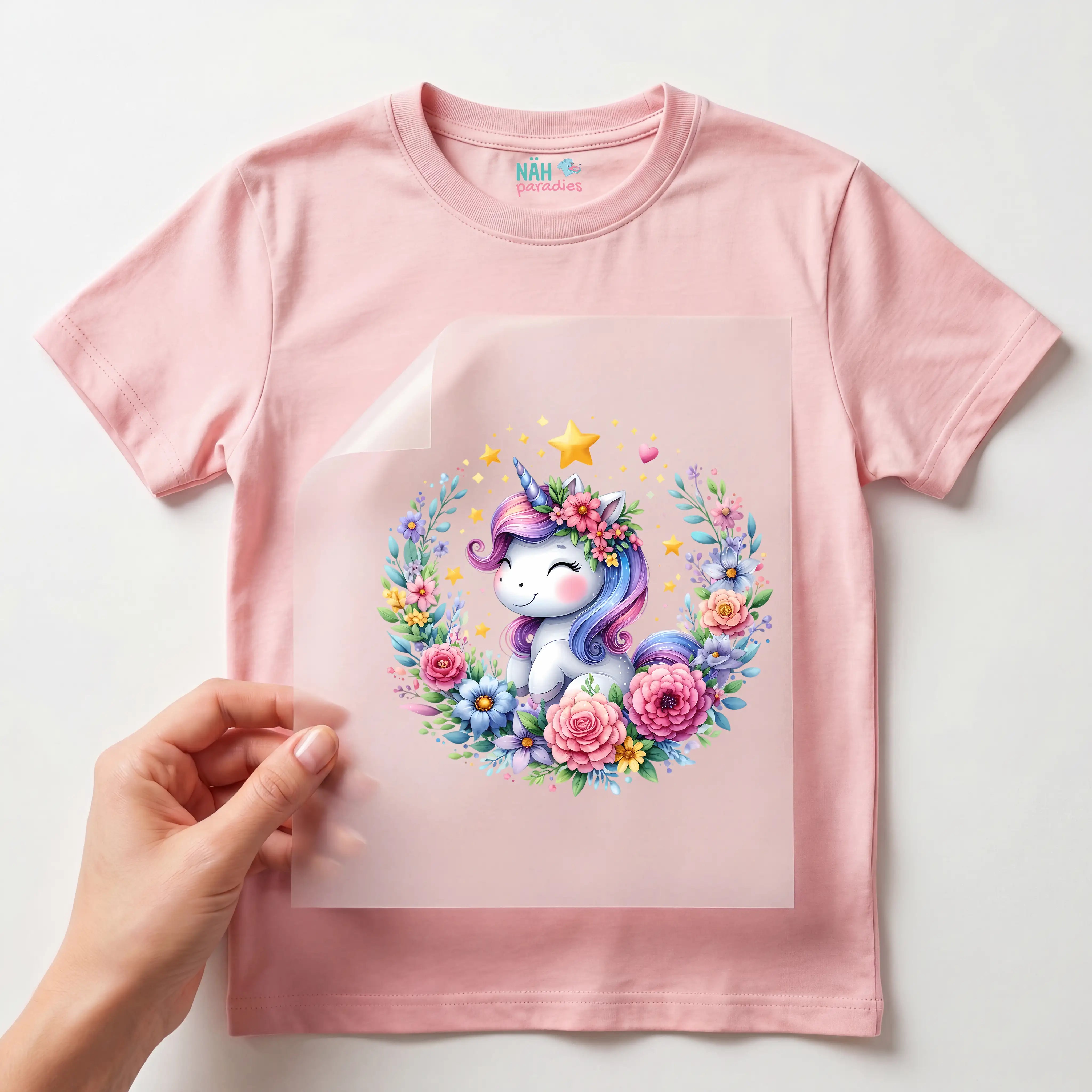 Bügelbild Einhorn Blumenkranz
