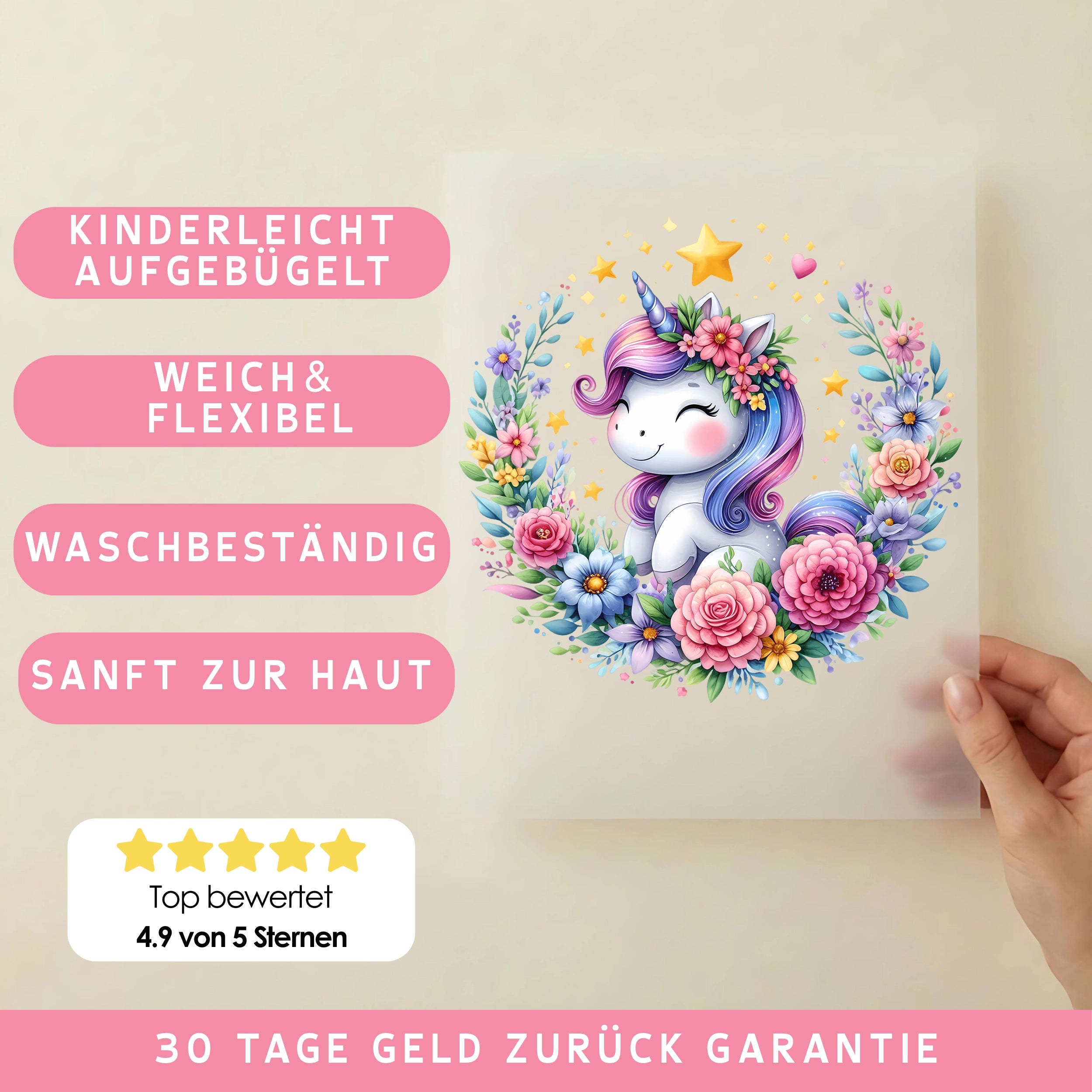 Bügelbild Einhorn Blumenkranz