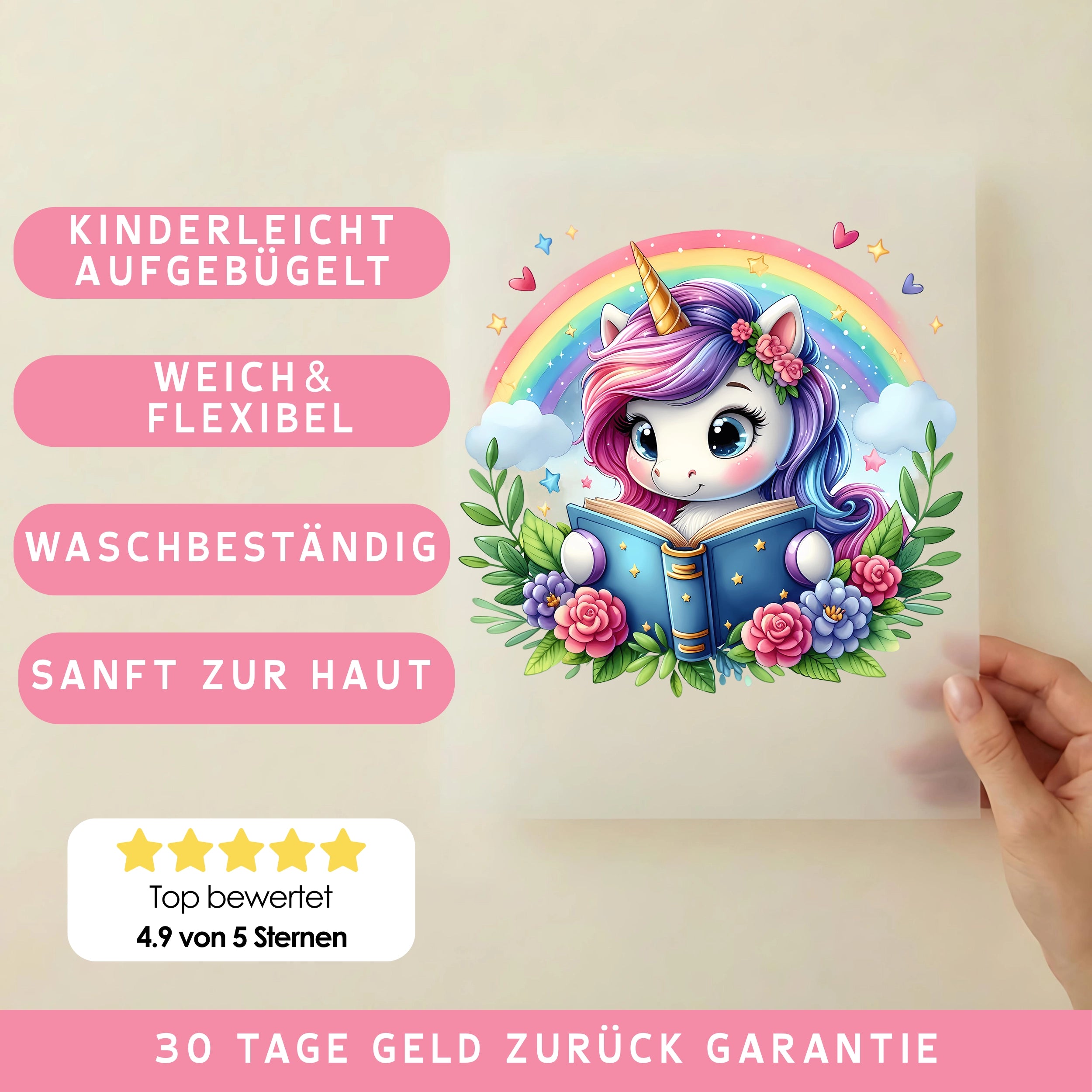 Bügelbild Einhorn Regenbogenleser