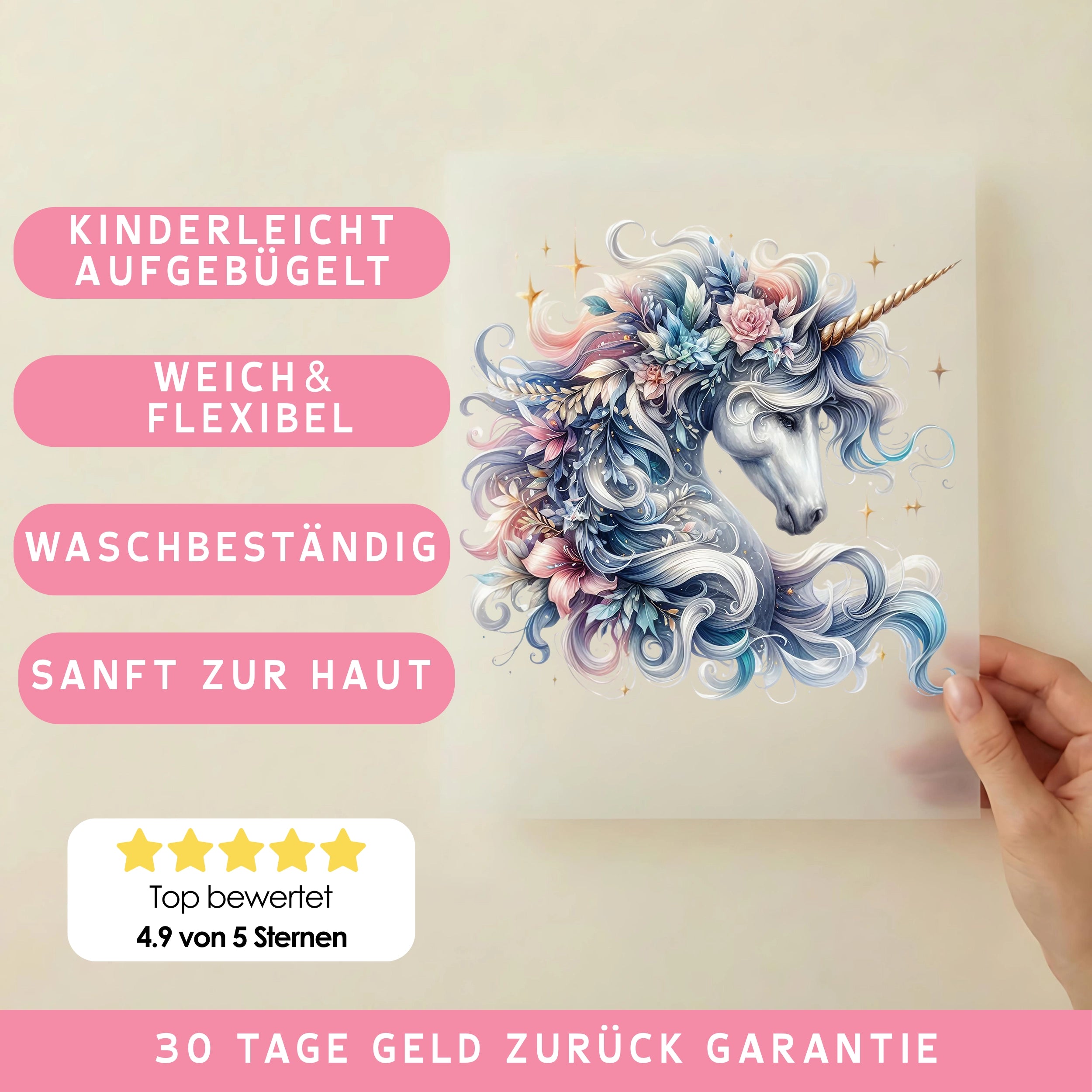 Bügelbild Einhorn Magische Blüten