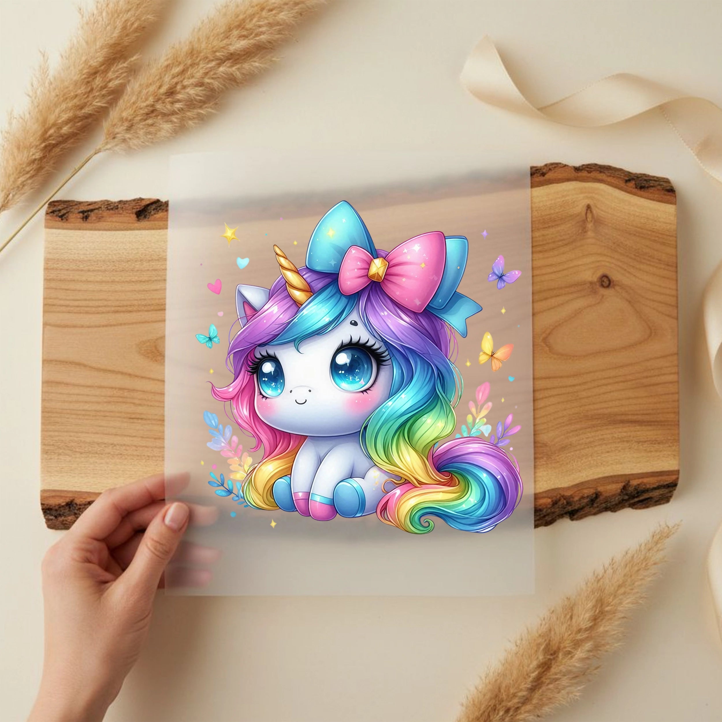 Bügelbild Einhorn Pastelschleife