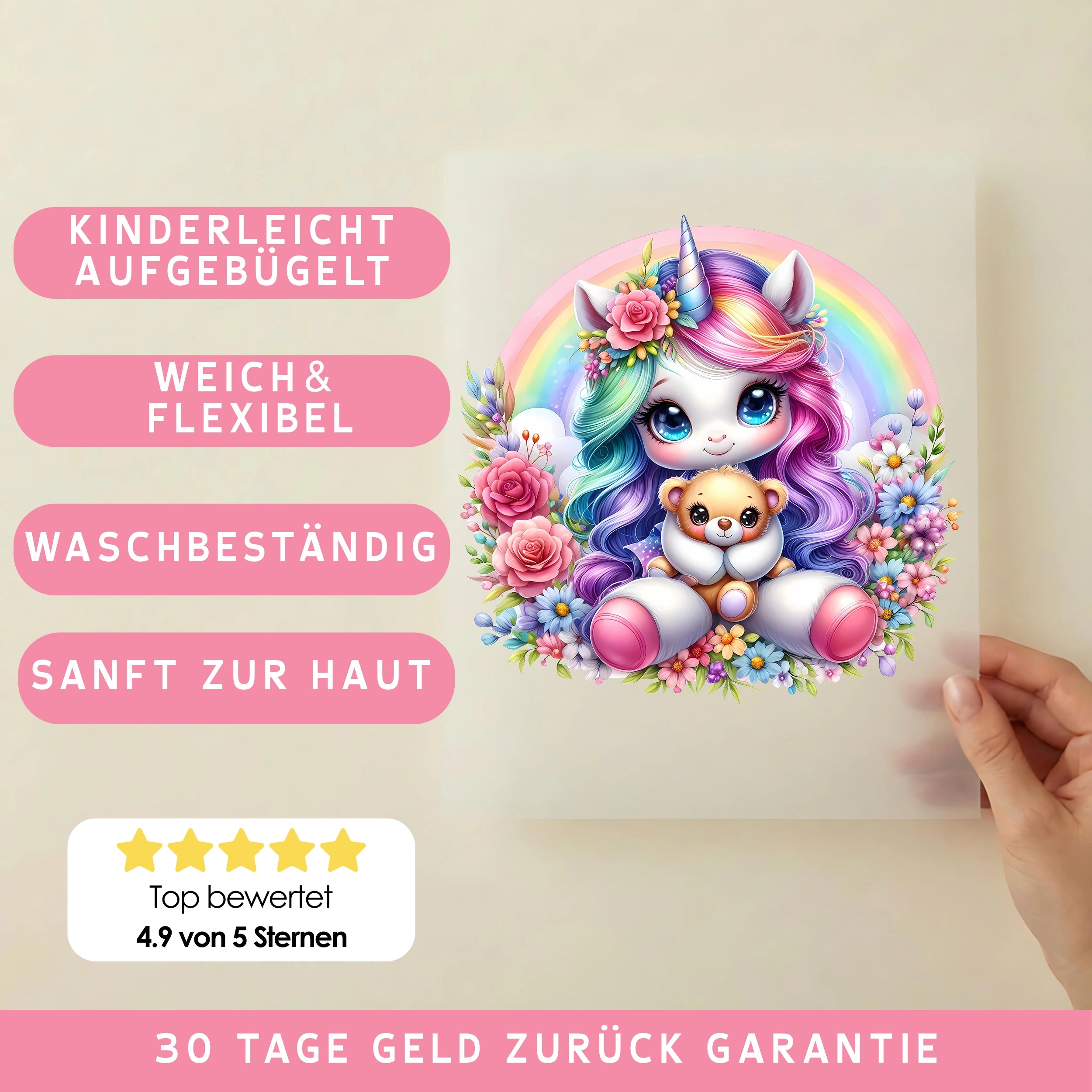 Bügelbild Einhorn mit Teddy