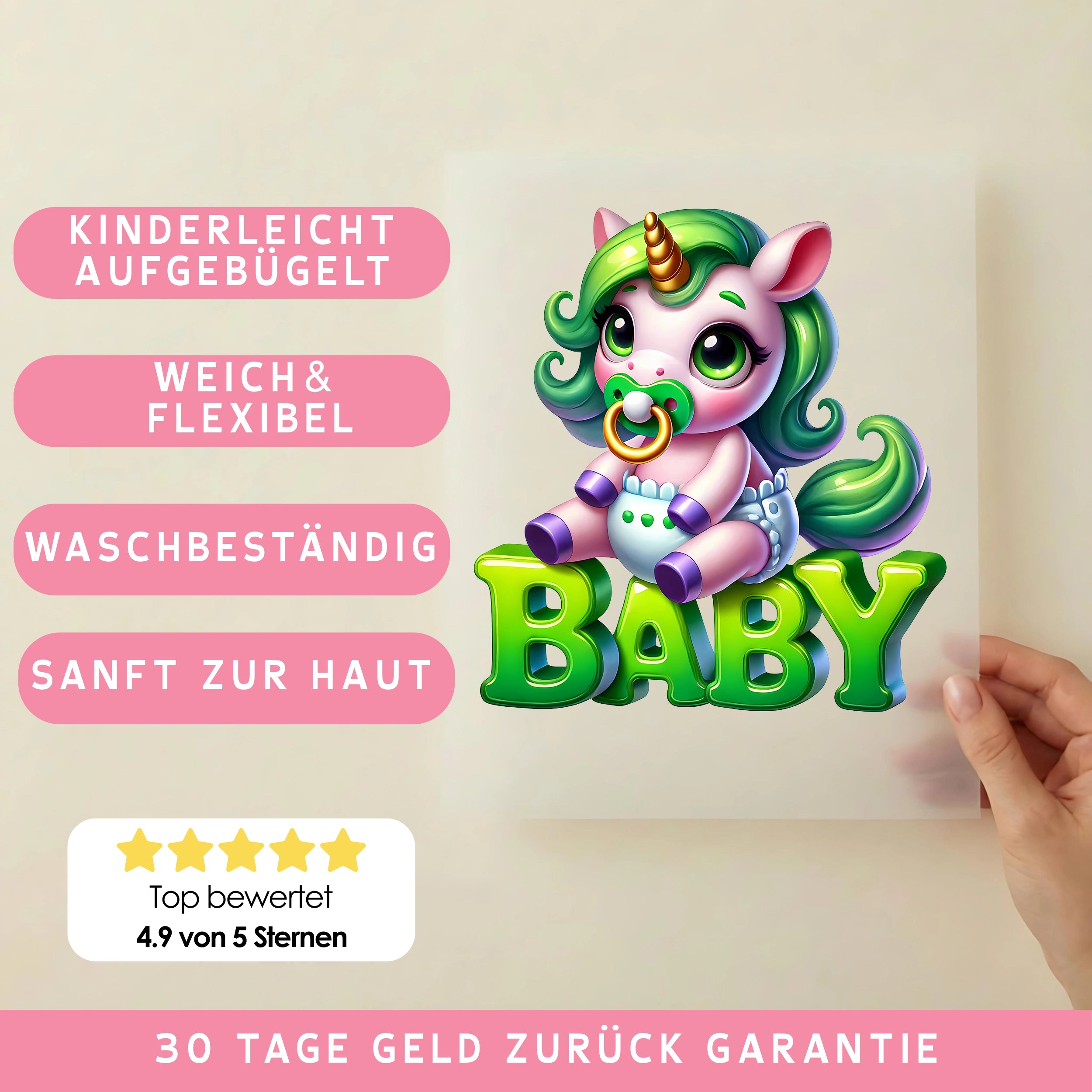 Bügelbild Baby Einhorn Greeny