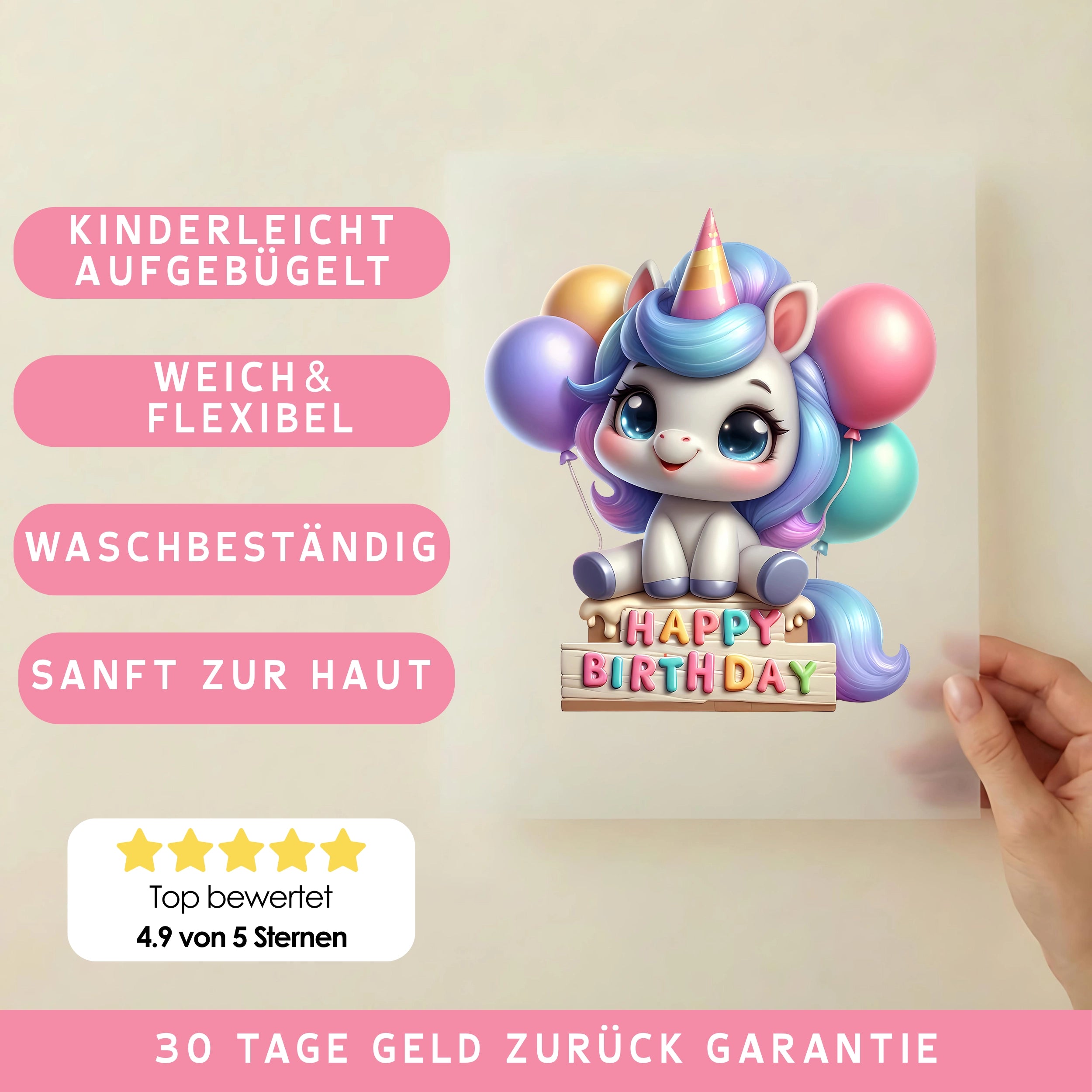 Bügelbild Geburtstags Regenbogen Einhorn Pastel