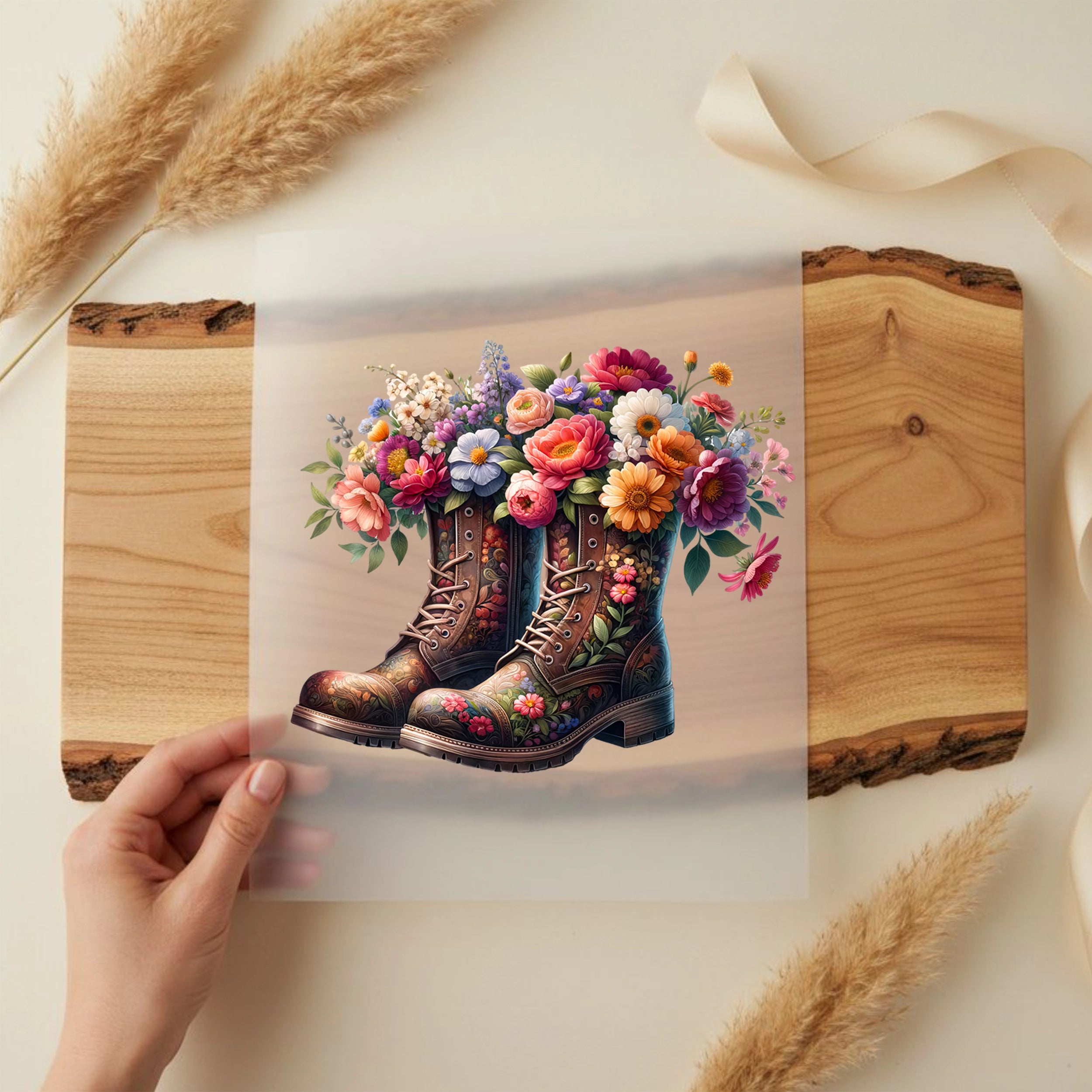 Bügelbild Stiefel Blütenstrauß