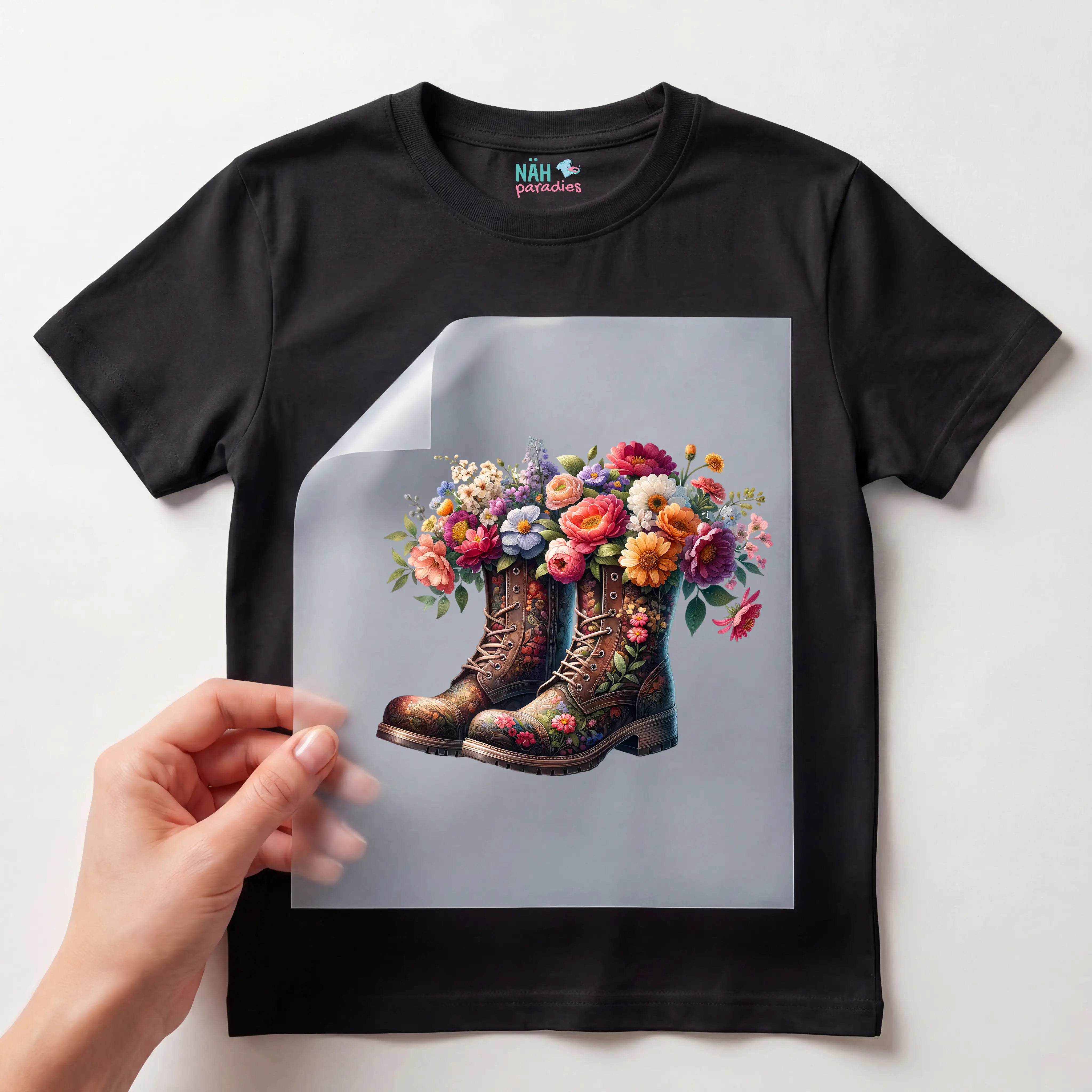 Bügelbild Stiefel Blütenstrauß