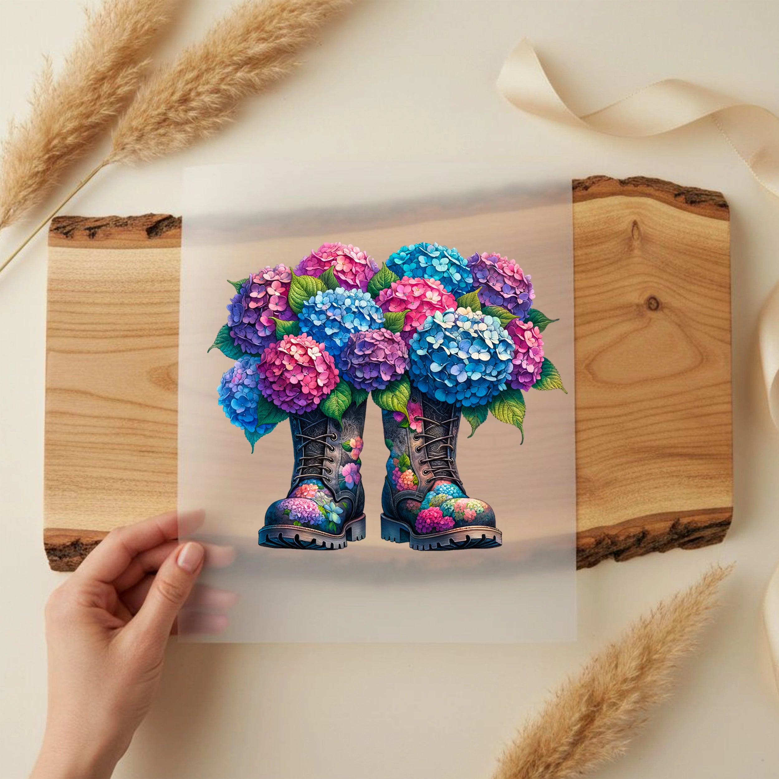 Bügelbild Stiefel Hortensien