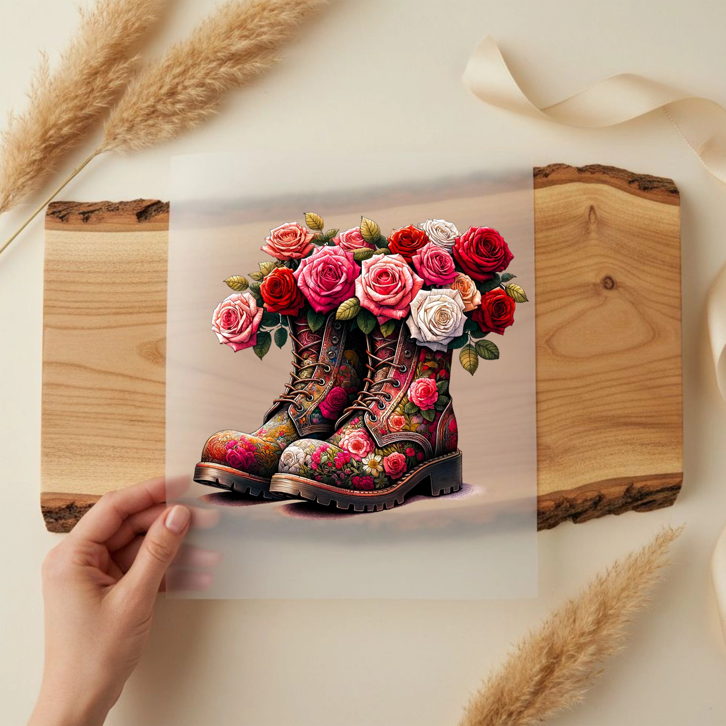 Bügelbild Stiefel Rosen