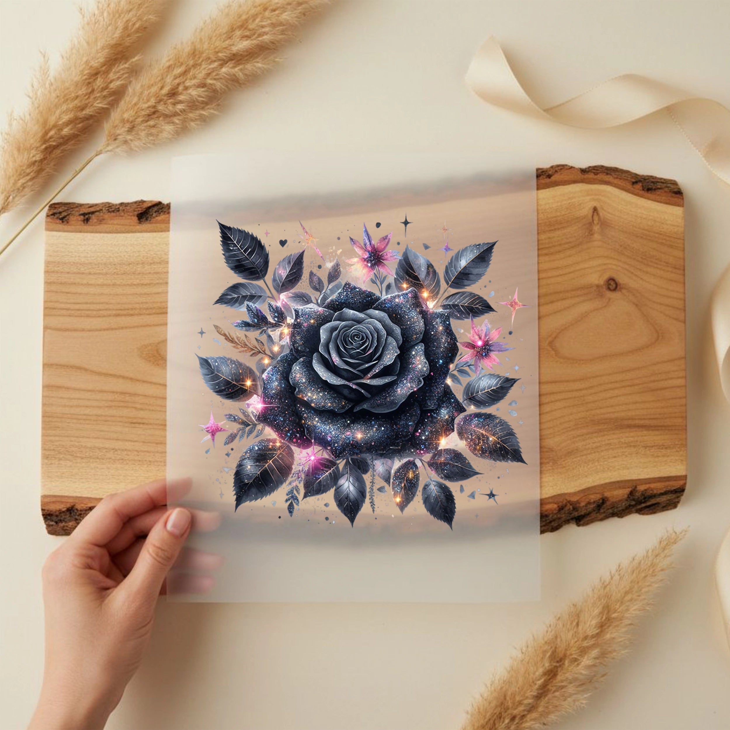 Bügelbild schwarze Rose Galaxy Night