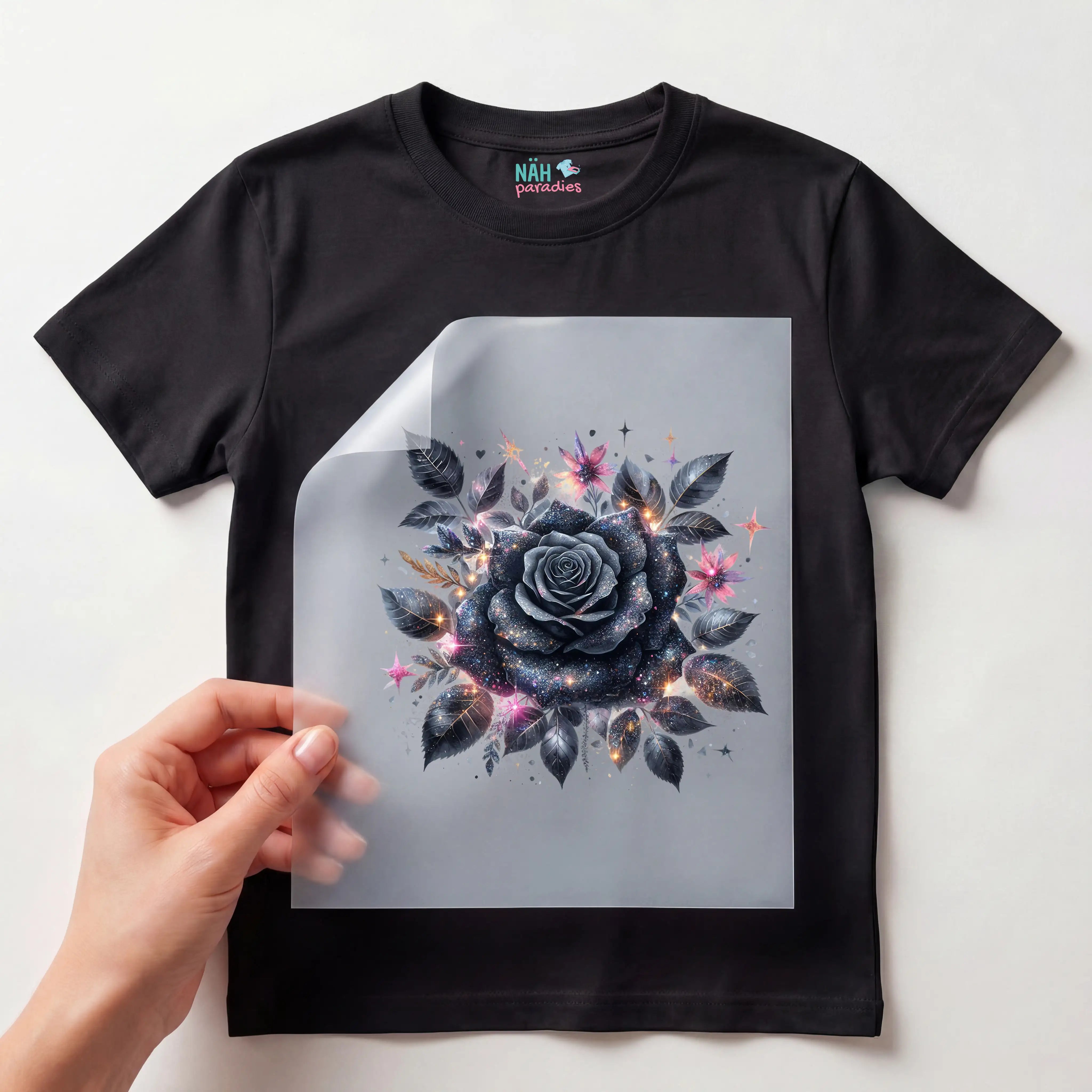 Bügelbild schwarze Rose Galaxy Night