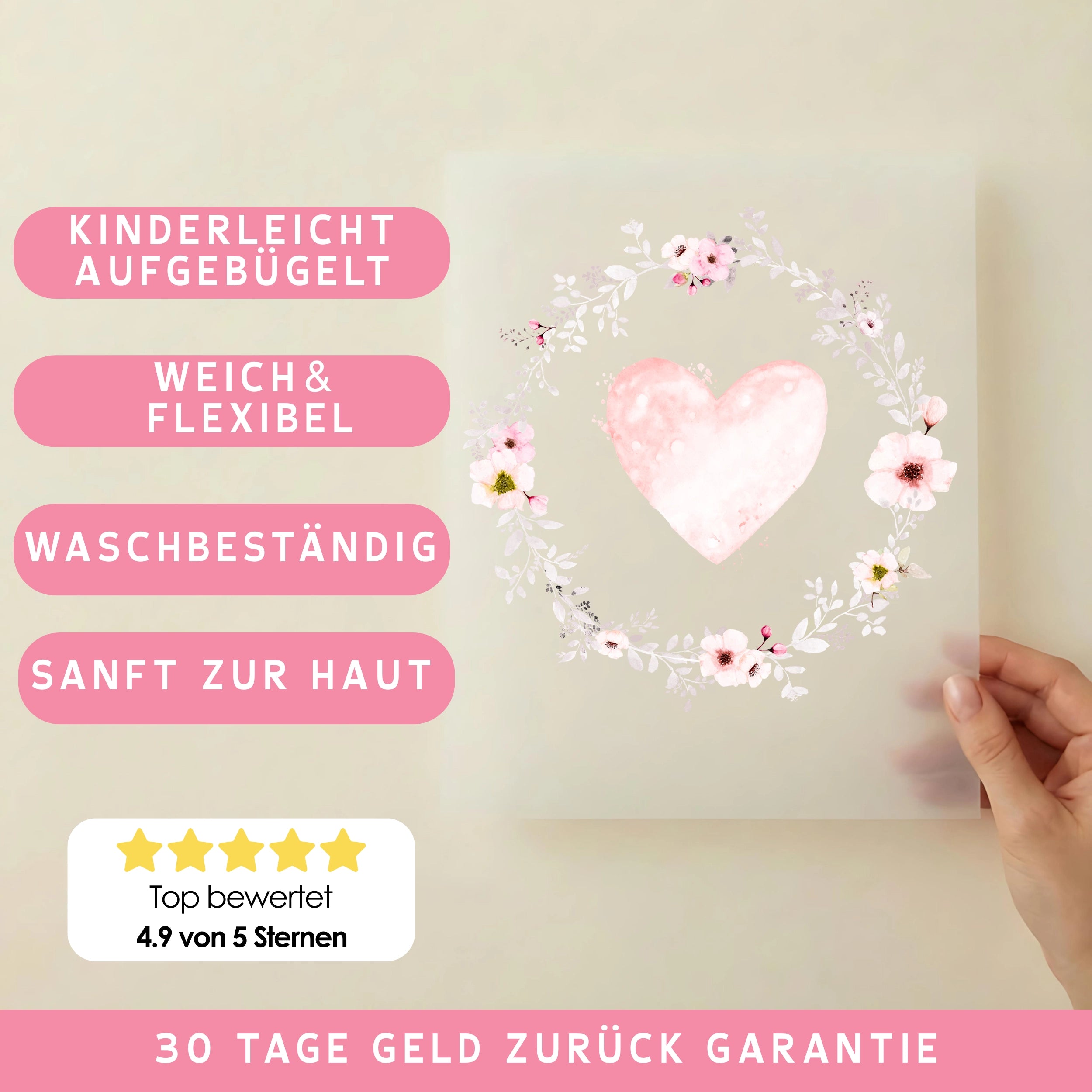 Bügelbild Aquarell Herz Blumenkranz